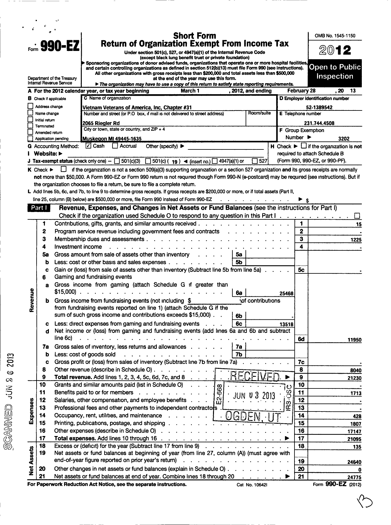 Image of first page of 2012 Form 990EO for Vietnam Veterans of America - 31 Chapter