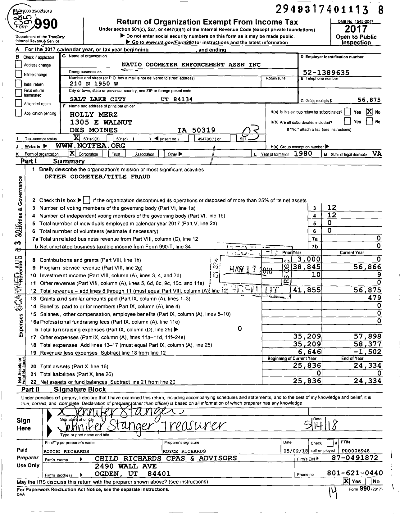 Image of first page of 2017 Form 990 for Natio Odometer Enforcement Association