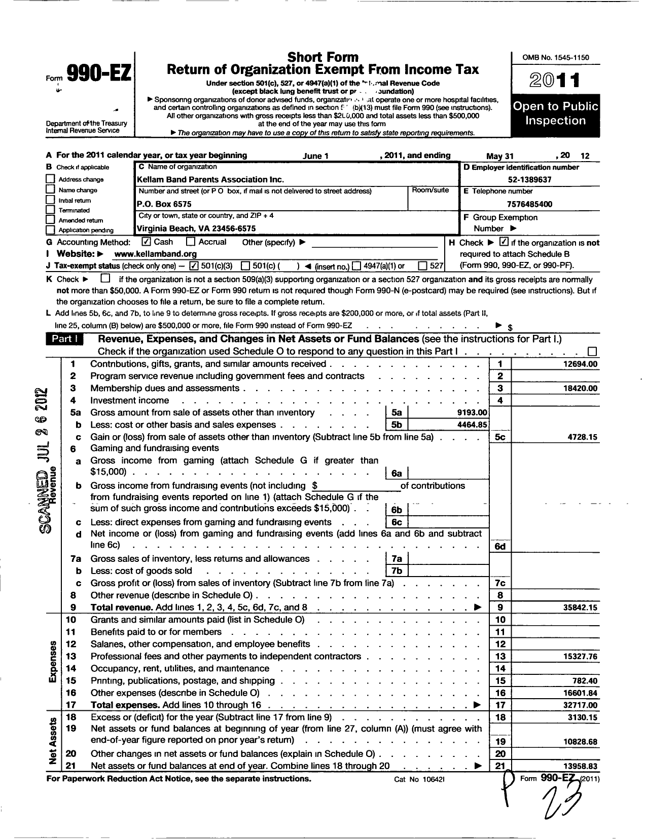 Image of first page of 2011 Form 990EZ for Kellam Band Parents Association