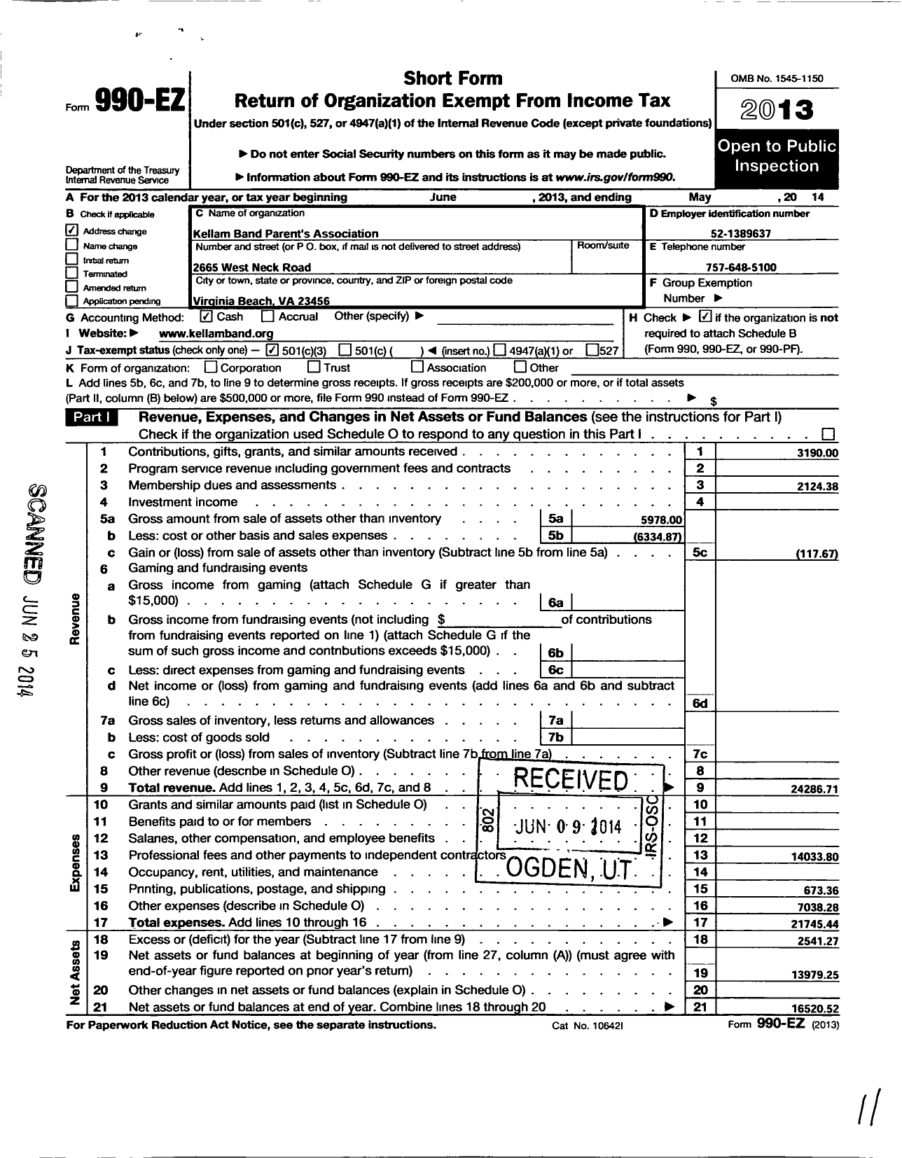 Image of first page of 2013 Form 990EZ for Kellam Band Parents Association