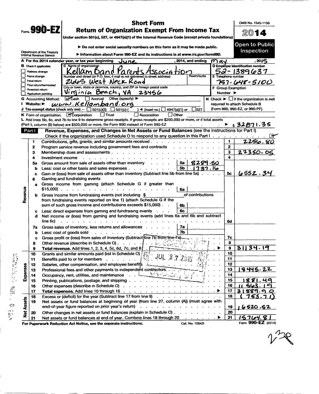 Image of first page of 2014 Form 990EO for Kellam Band Parents Association