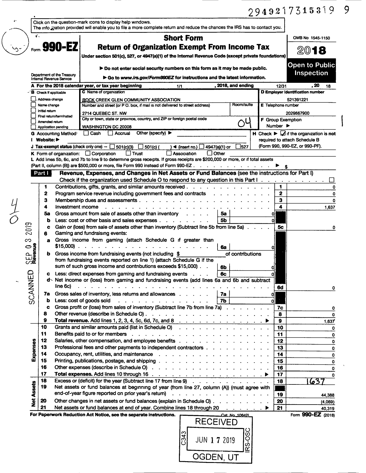 Image of first page of 2018 Form 990EO for Rock Creek Glen Community Association