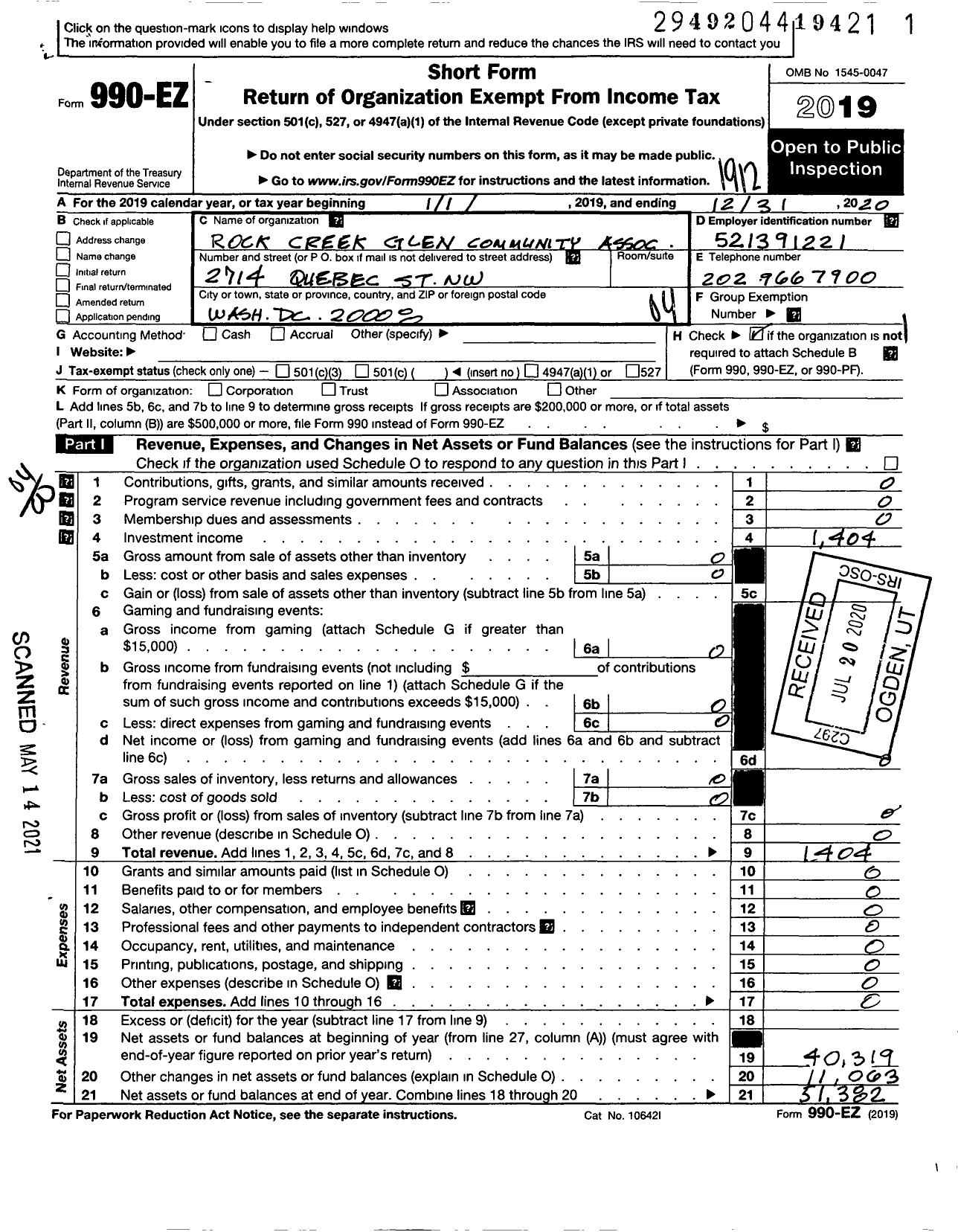 Image of first page of 2019 Form 990EO for Rock Creek Glen Community Association