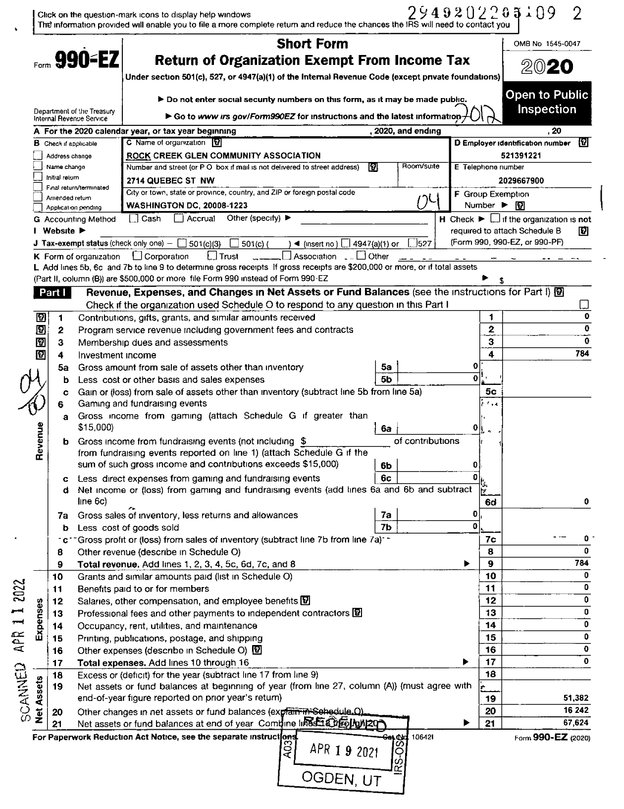 Image of first page of 2020 Form 990EO for Rock Creek Glen Community Association