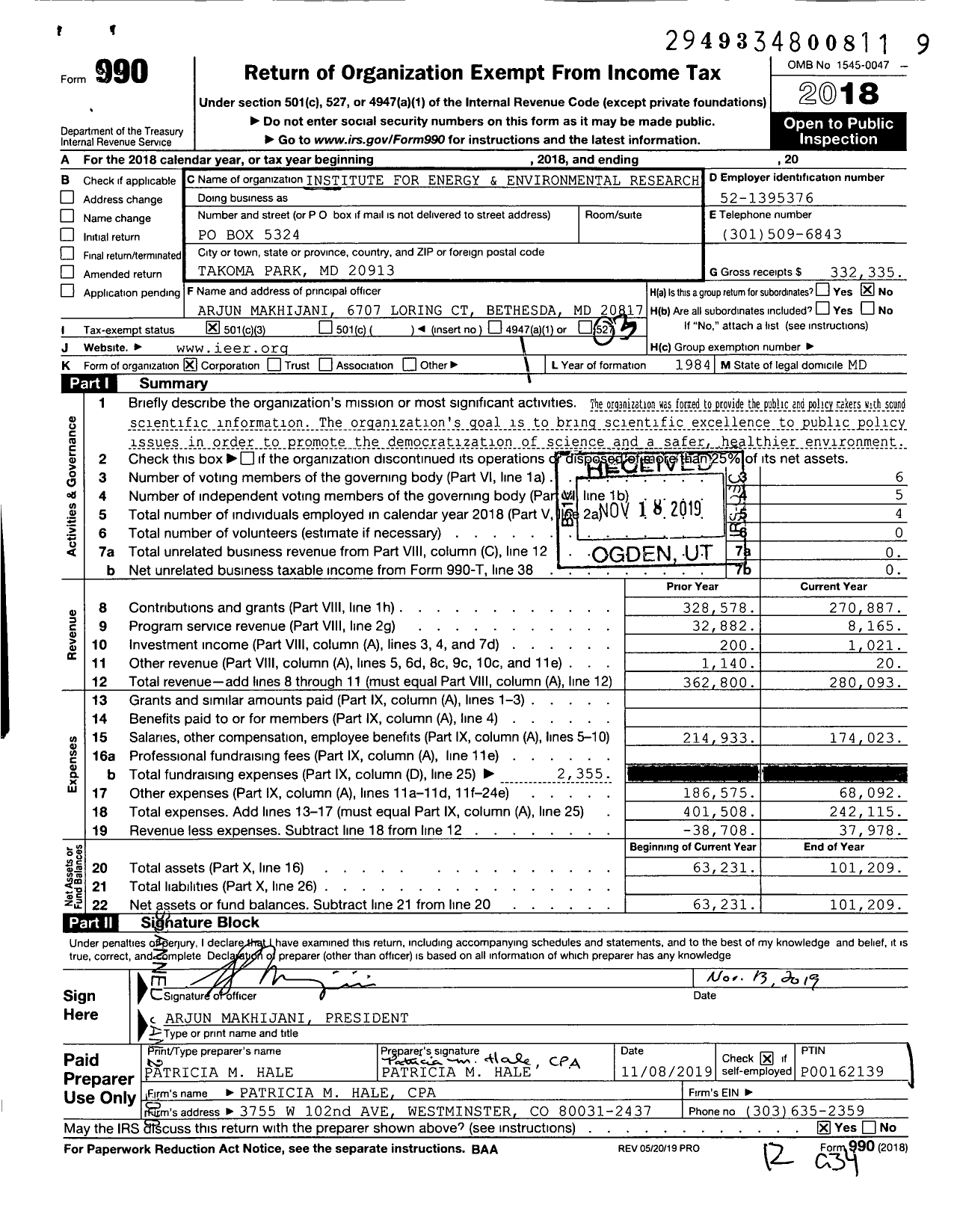 Image of first page of 2018 Form 990 for Institute for Energy and Environmental Research