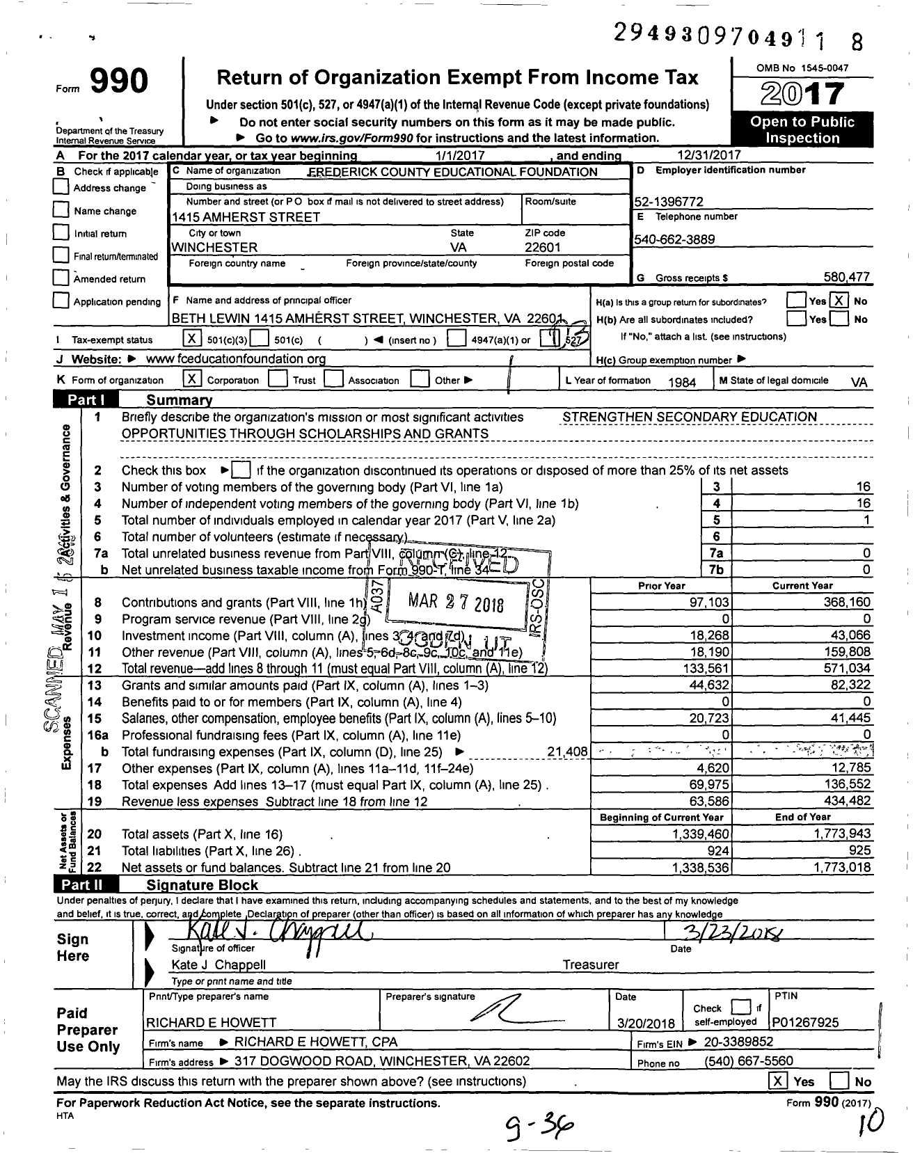 Image of first page of 2017 Form 990 for Frederick County Educational Foundation