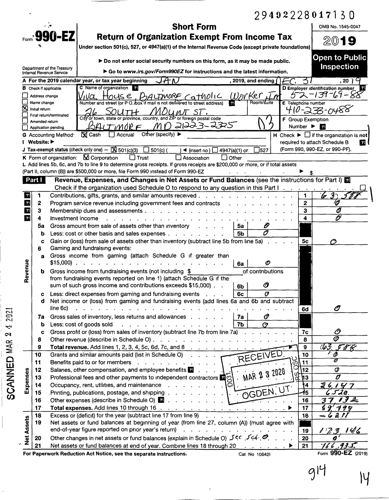 Image of first page of 2019 Form 990EZ for Viva House Baltimore Catholic Worker Incorporated