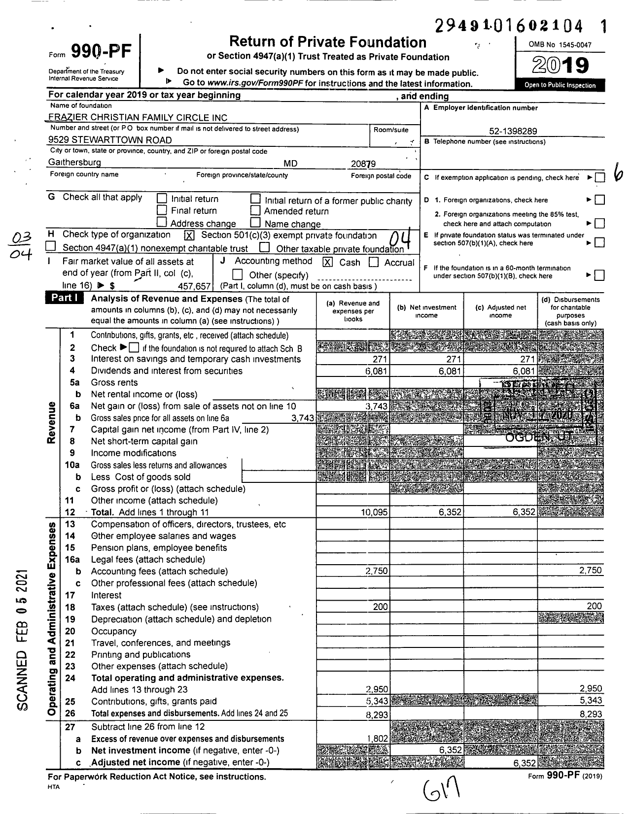 Image of first page of 2019 Form 990PF for Frazier Christian Family Circle