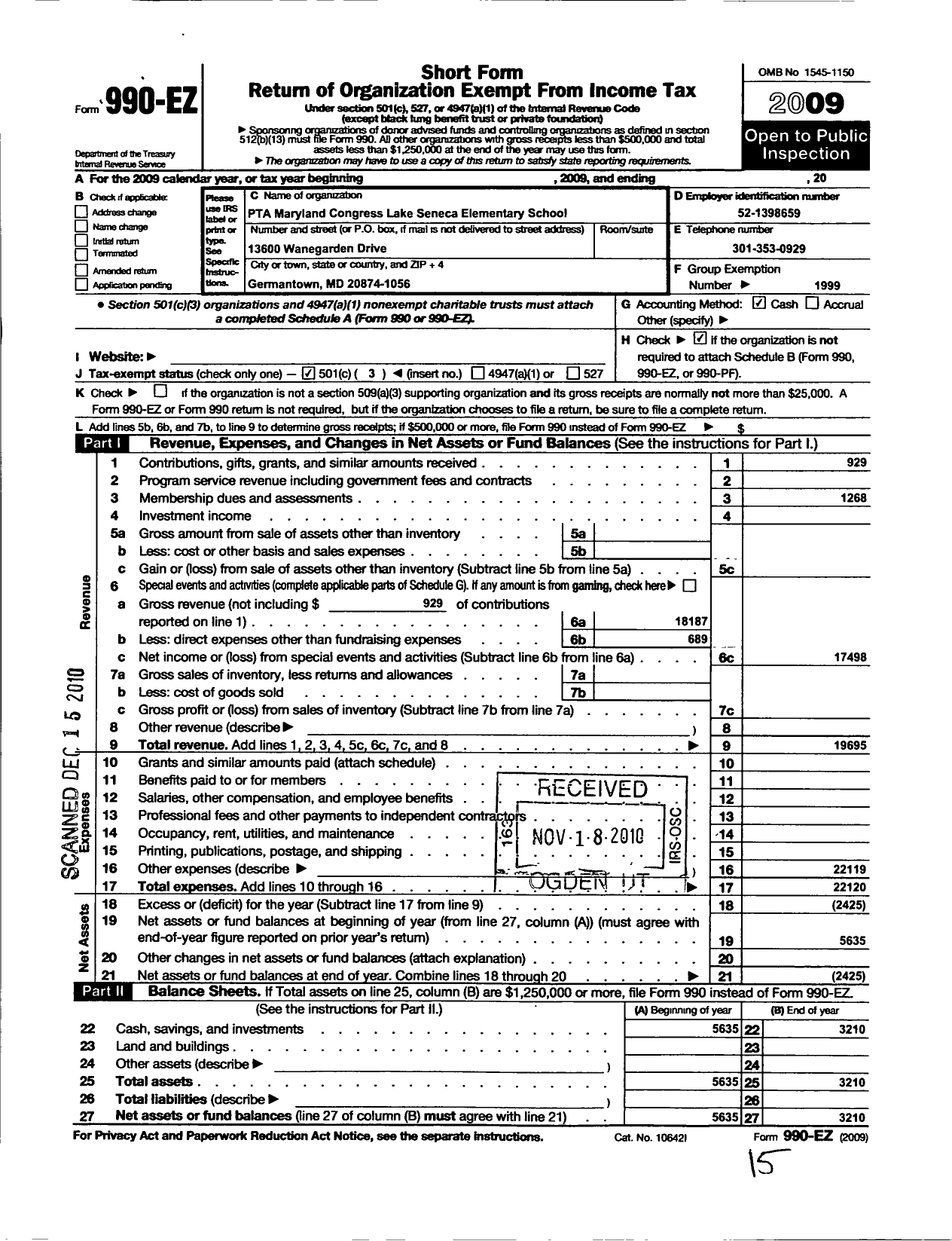 Image of first page of 2009 Form 990EZ for PTA Maryland Congress of Parent and Teachers / Lake Seneca Elementary School PTA