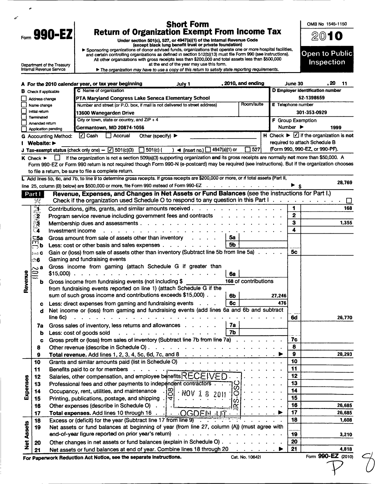 Image of first page of 2010 Form 990EZ for PTA Maryland Congress of Parent and Teachers / Lake Seneca Elementary School PTA