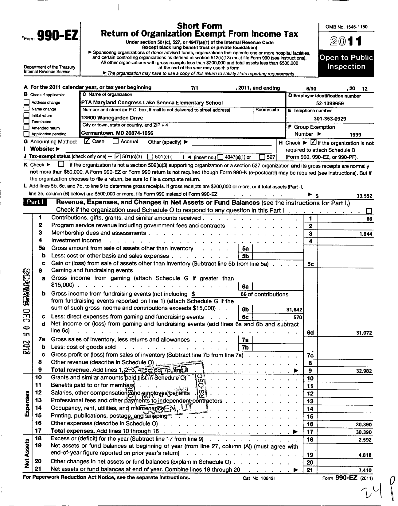 Image of first page of 2011 Form 990EZ for PTA Maryland Congress of Parent and Teachers / Lake Seneca Elementary School PTA