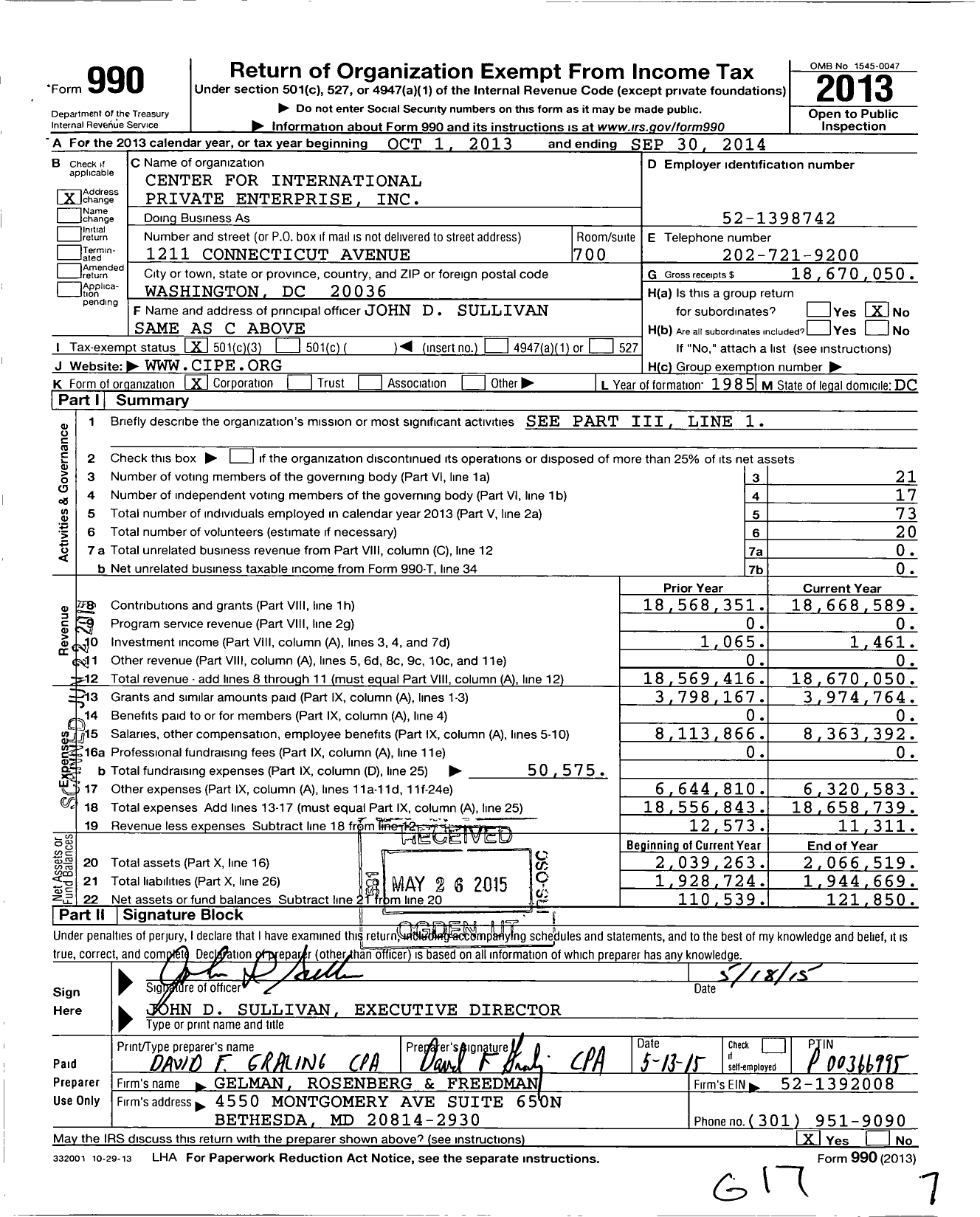 Image of first page of 2013 Form 990 for Center for International Private Enterprise