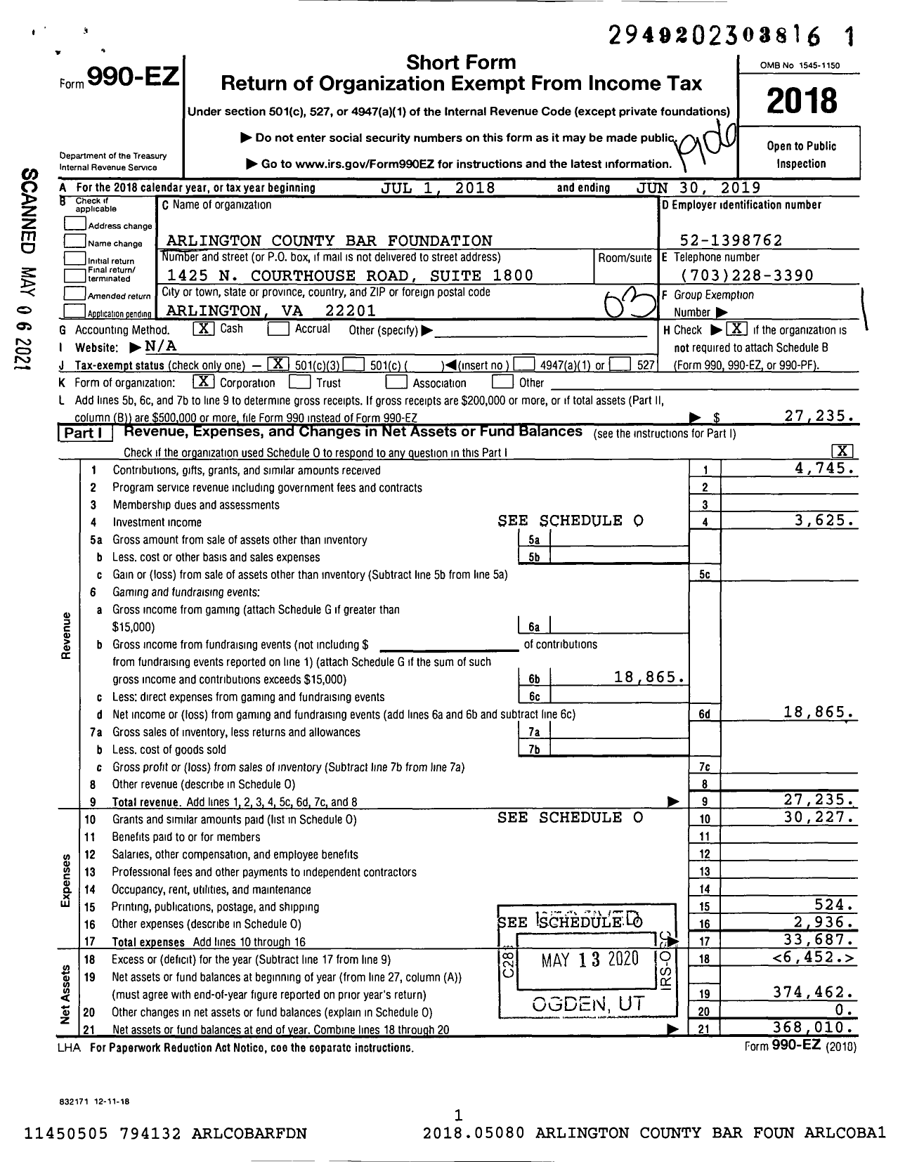 Image of first page of 2018 Form 990EZ for Arlington County Bar Foundation