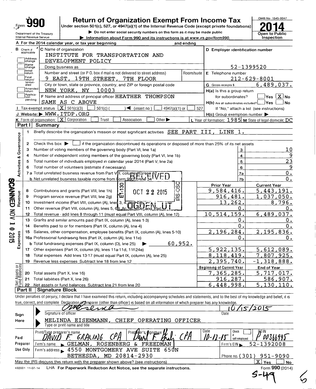 Image of first page of 2014 Form 990 for Institute for Transportation and Development Policy (ITDP)