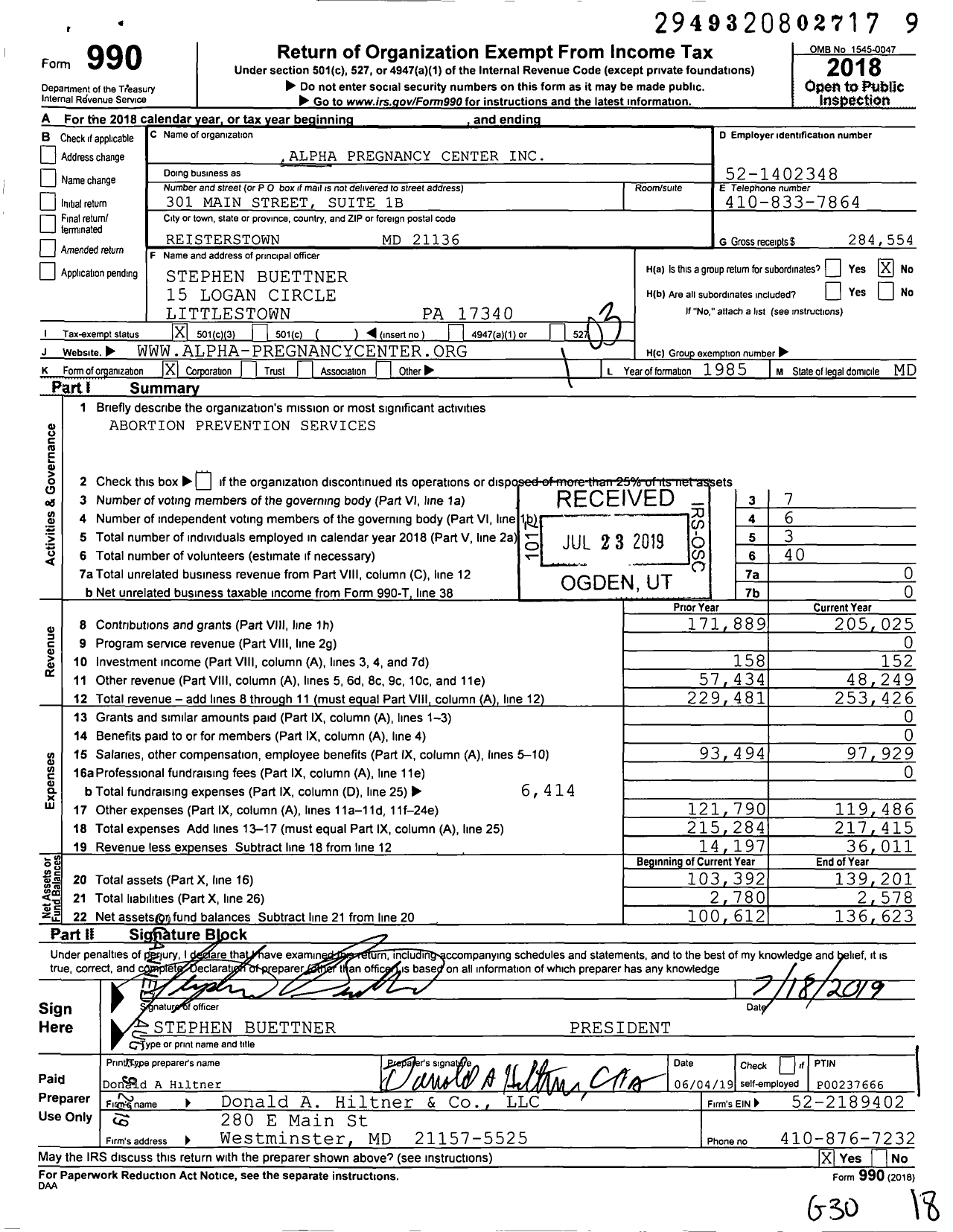 Image of first page of 2018 Form 990 for The Alpha Pregnancy Center