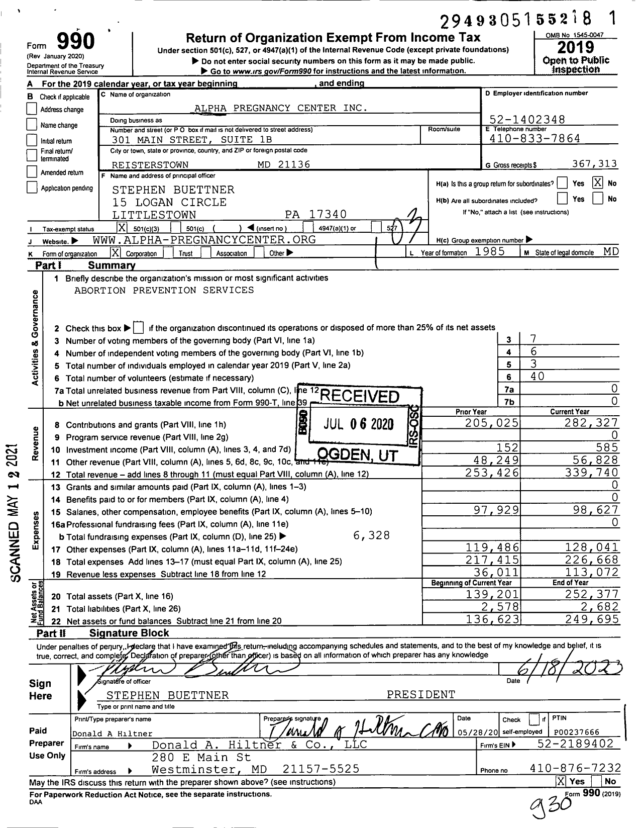 Image of first page of 2019 Form 990 for The Alpha Pregnancy Center