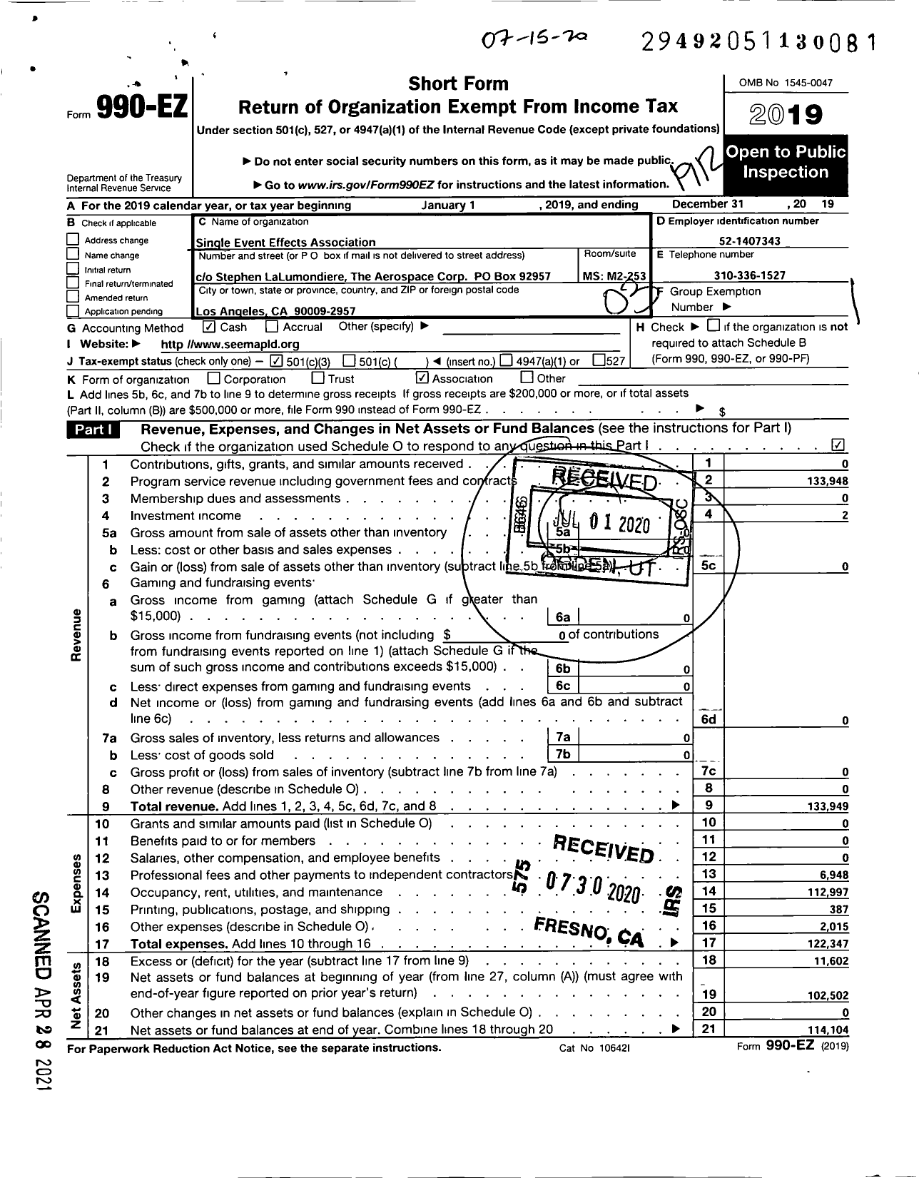 Image of first page of 2019 Form 990EZ for Single Event Effects Symposium