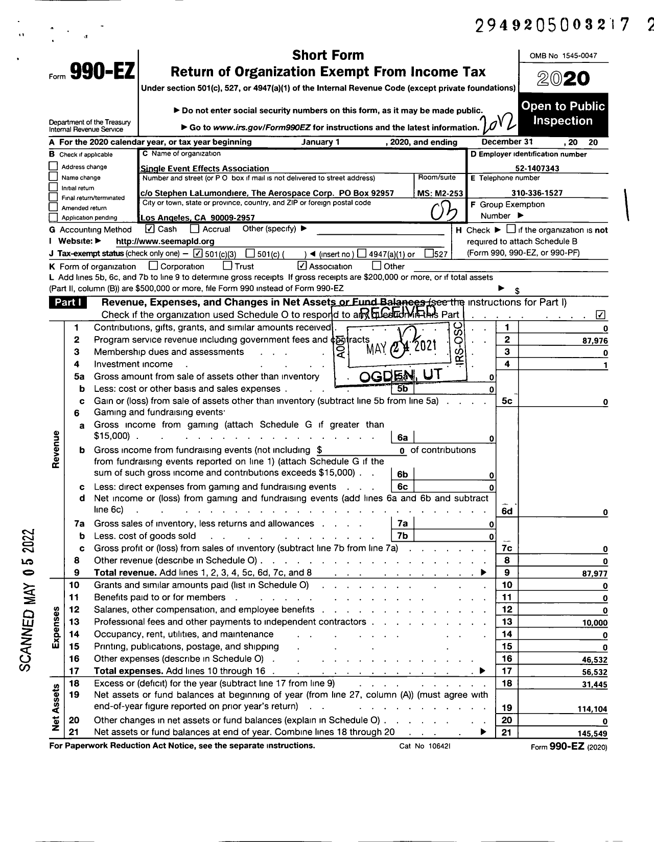 Image of first page of 2020 Form 990EZ for Single Event Effects Symposium