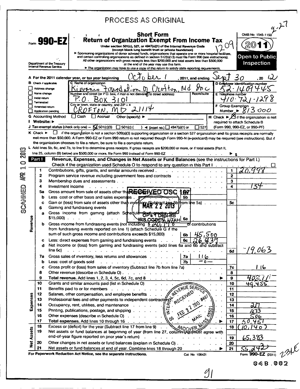 Image of first page of 2011 Form 990EZ for Kiwanis Foundation of Crofton