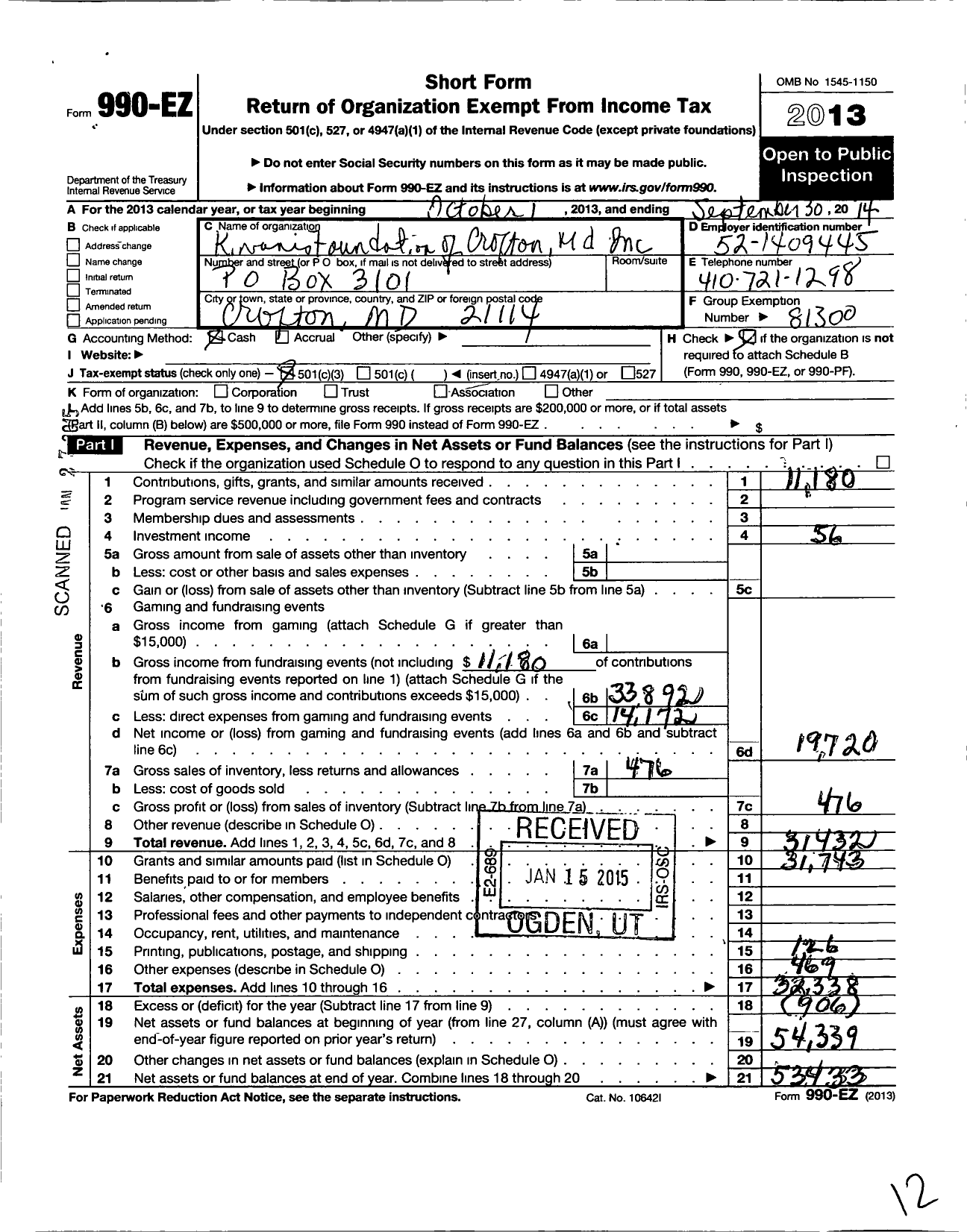 Image of first page of 2013 Form 990EZ for Kiwanis Foundation of Crofton