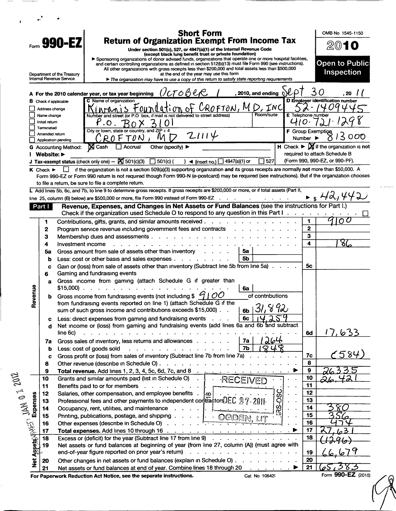 Image of first page of 2010 Form 990EZ for Kiwanis Foundation of Crofton