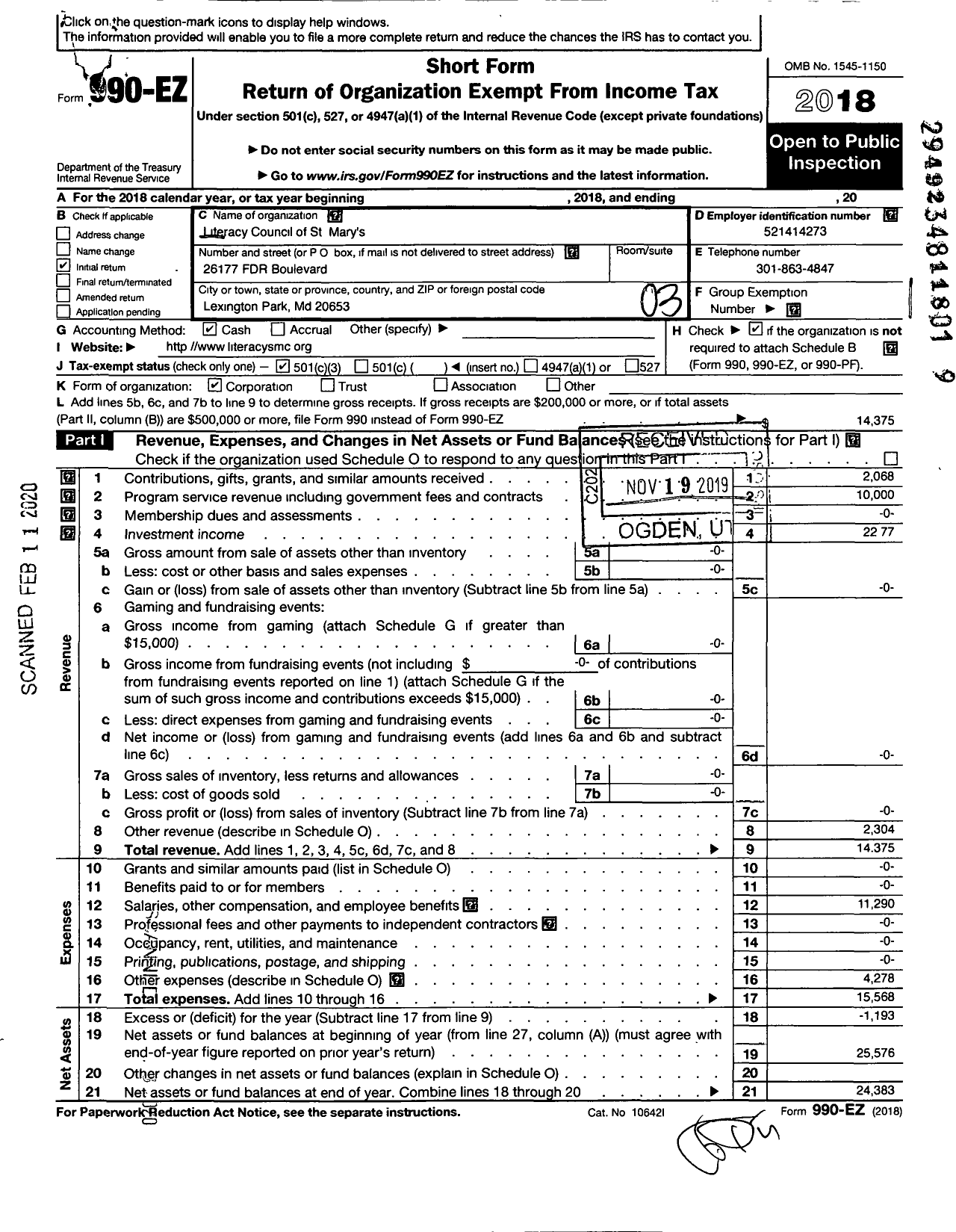 Image of first page of 2018 Form 990EZ for Literacy Council of St Marys County