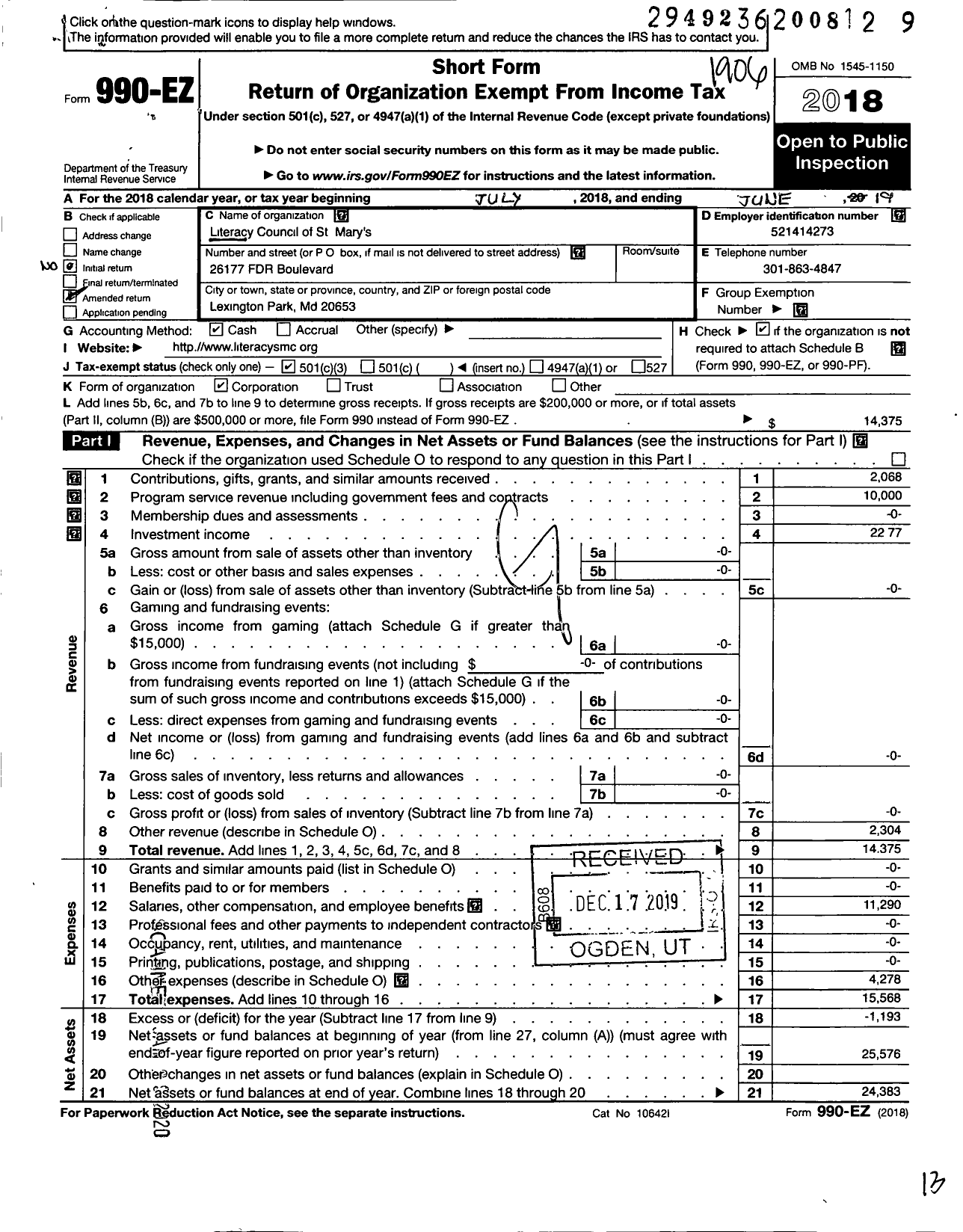 Image of first page of 2018 Form 990EZ for Literacy Council of St Marys County