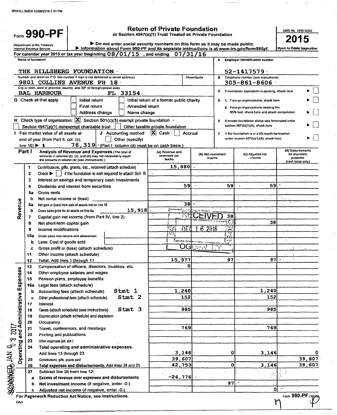 Image of first page of 2015 Form 990PF for The Hillsberg Foundation