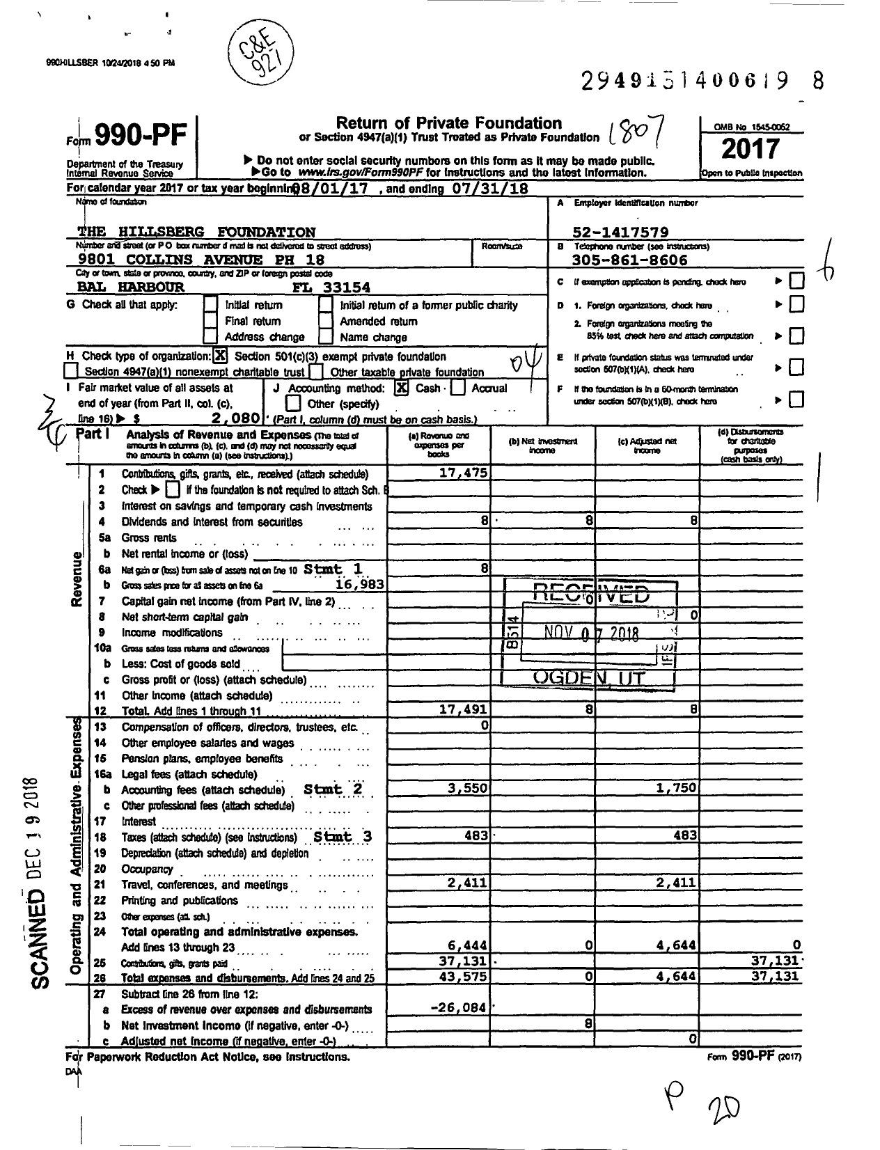 Image of first page of 2017 Form 990PF for The Hillsberg Foundation