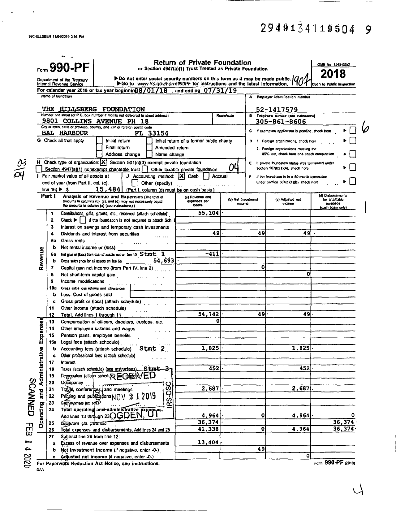 Image of first page of 2018 Form 990PF for The Hillsberg Foundation