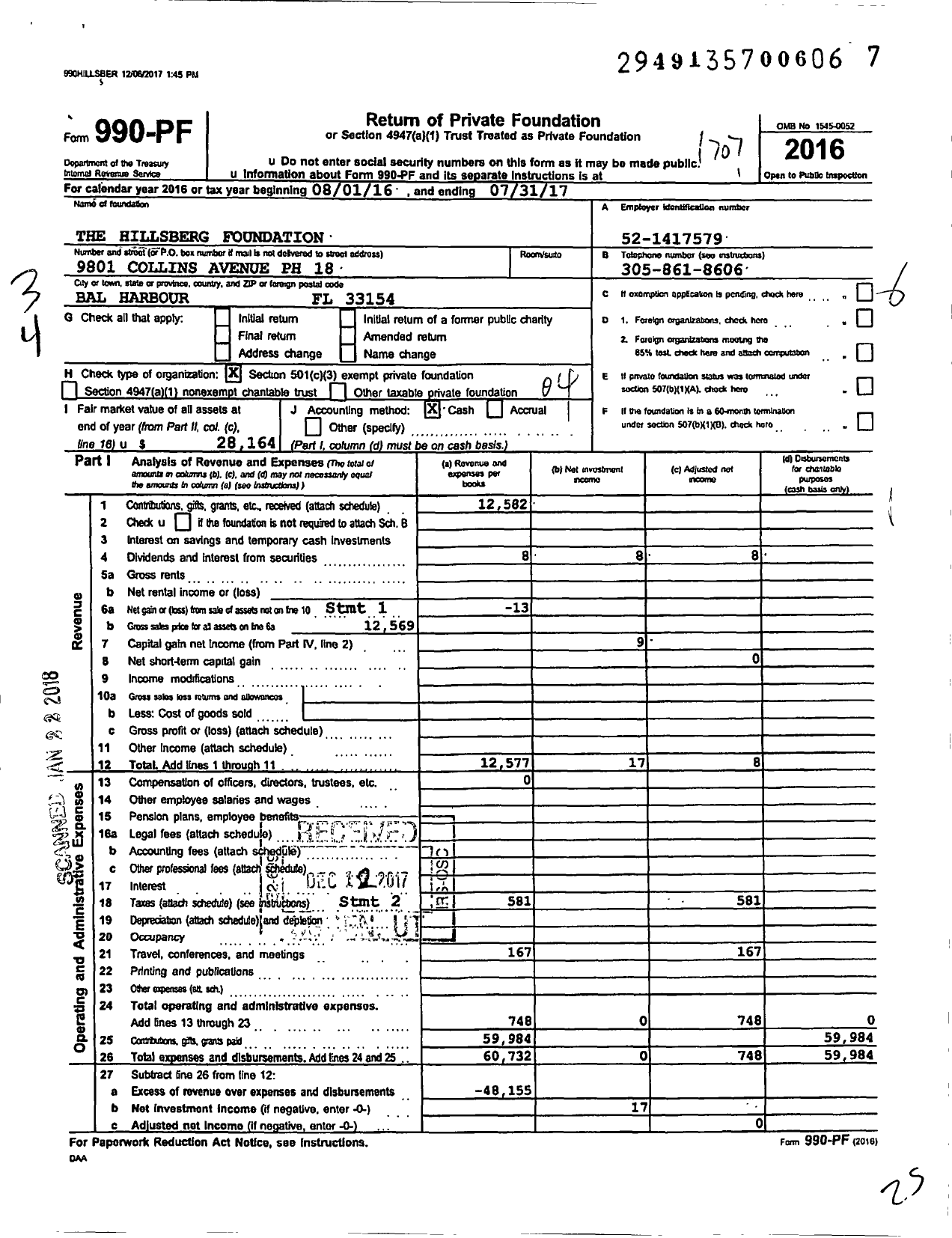 Image of first page of 2016 Form 990PF for The Hillsberg Foundation