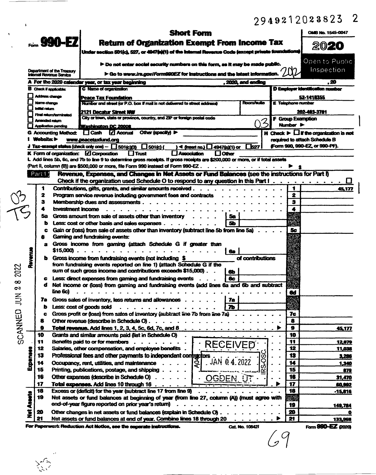 Image of first page of 2020 Form 990EZ for Peace Tax Foundation