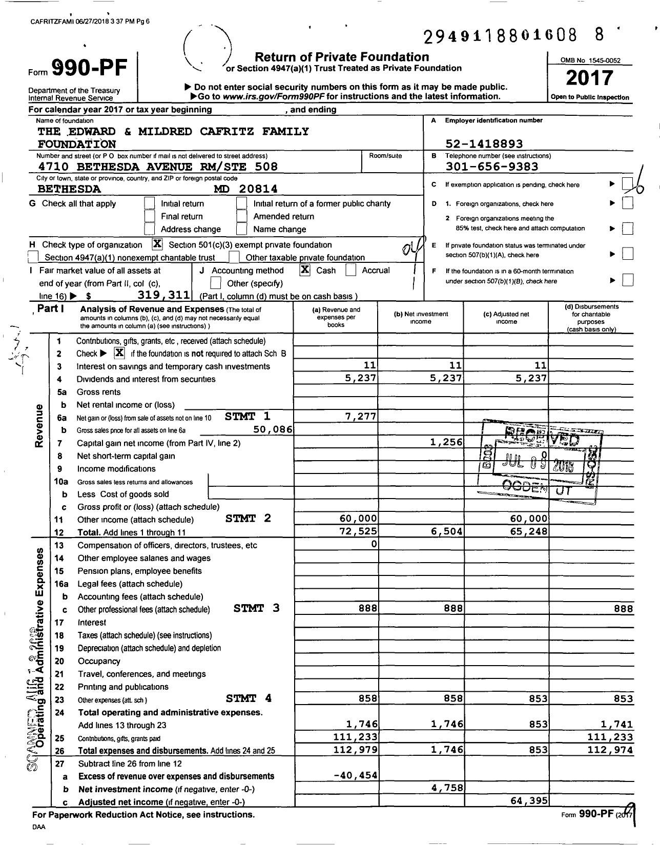 Image of first page of 2017 Form 990PF for The Edward and Mildred Cafritz Family Foundation