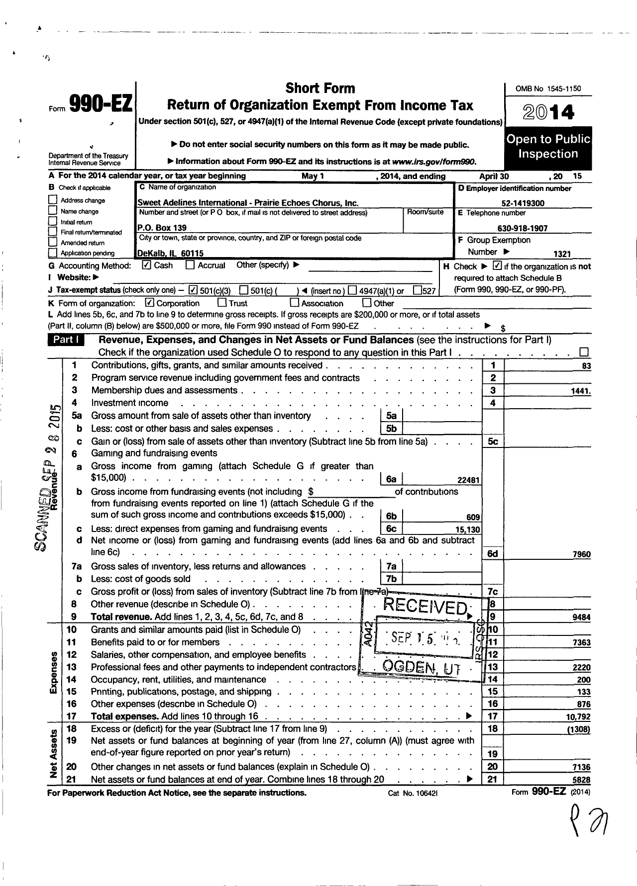 Image of first page of 2014 Form 990EZ for Sweet Adelines International - 110063 Harmonessence