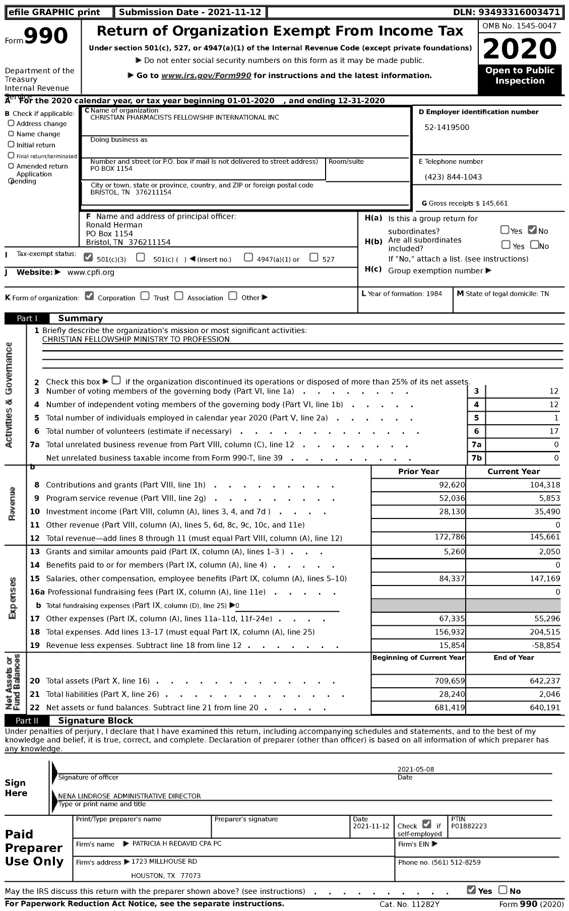 Image of first page of 2020 Form 990 for Christian Pharmacists Fellowship International