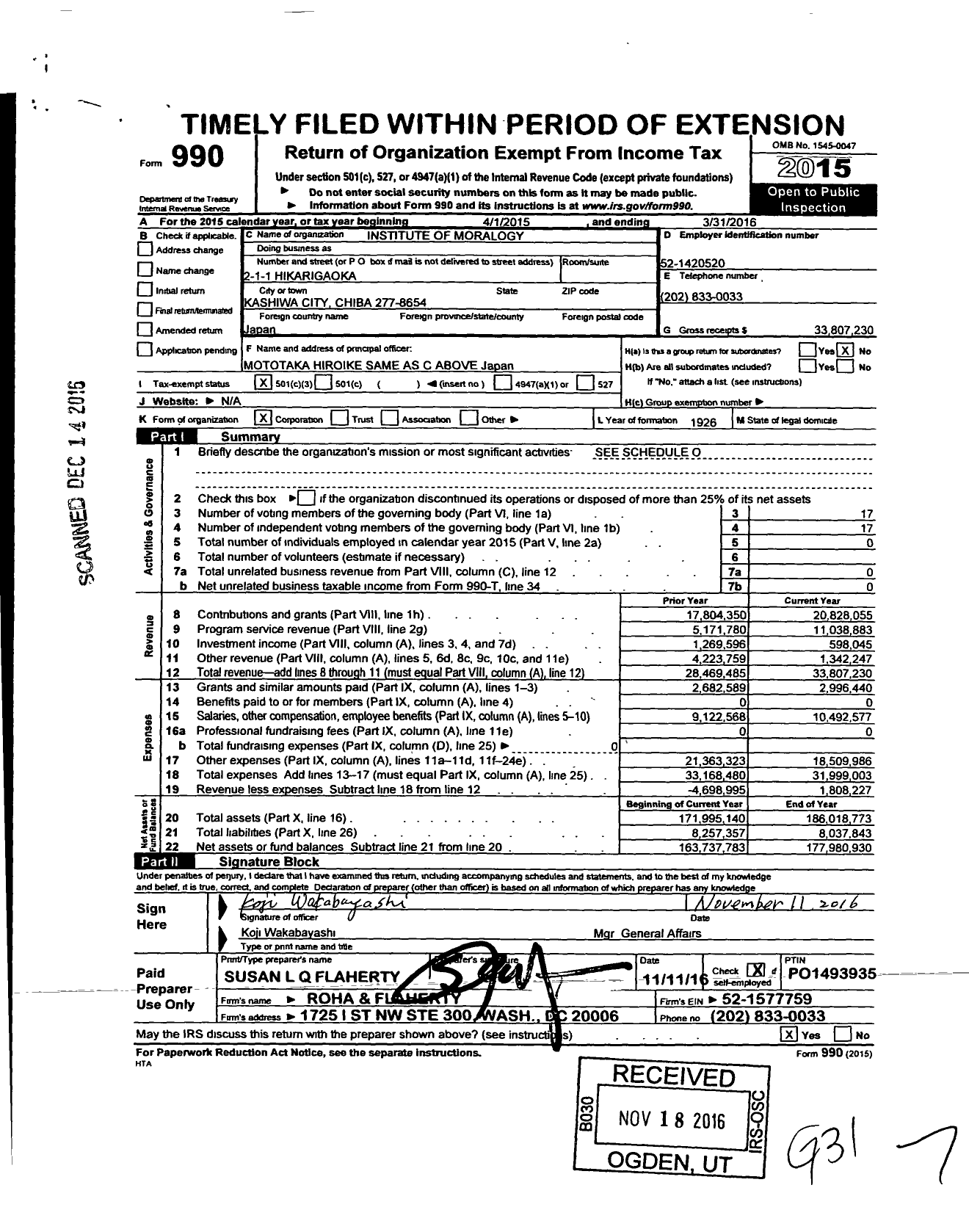 Image of first page of 2015 Form 990 for The Institute of Moralogy