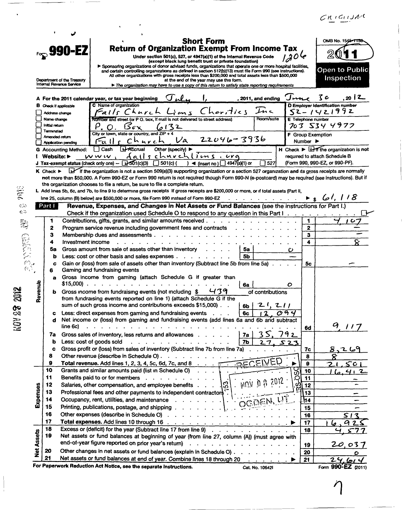 Image of first page of 2011 Form 990EZ for Falls Church Lions Charities Incorporated