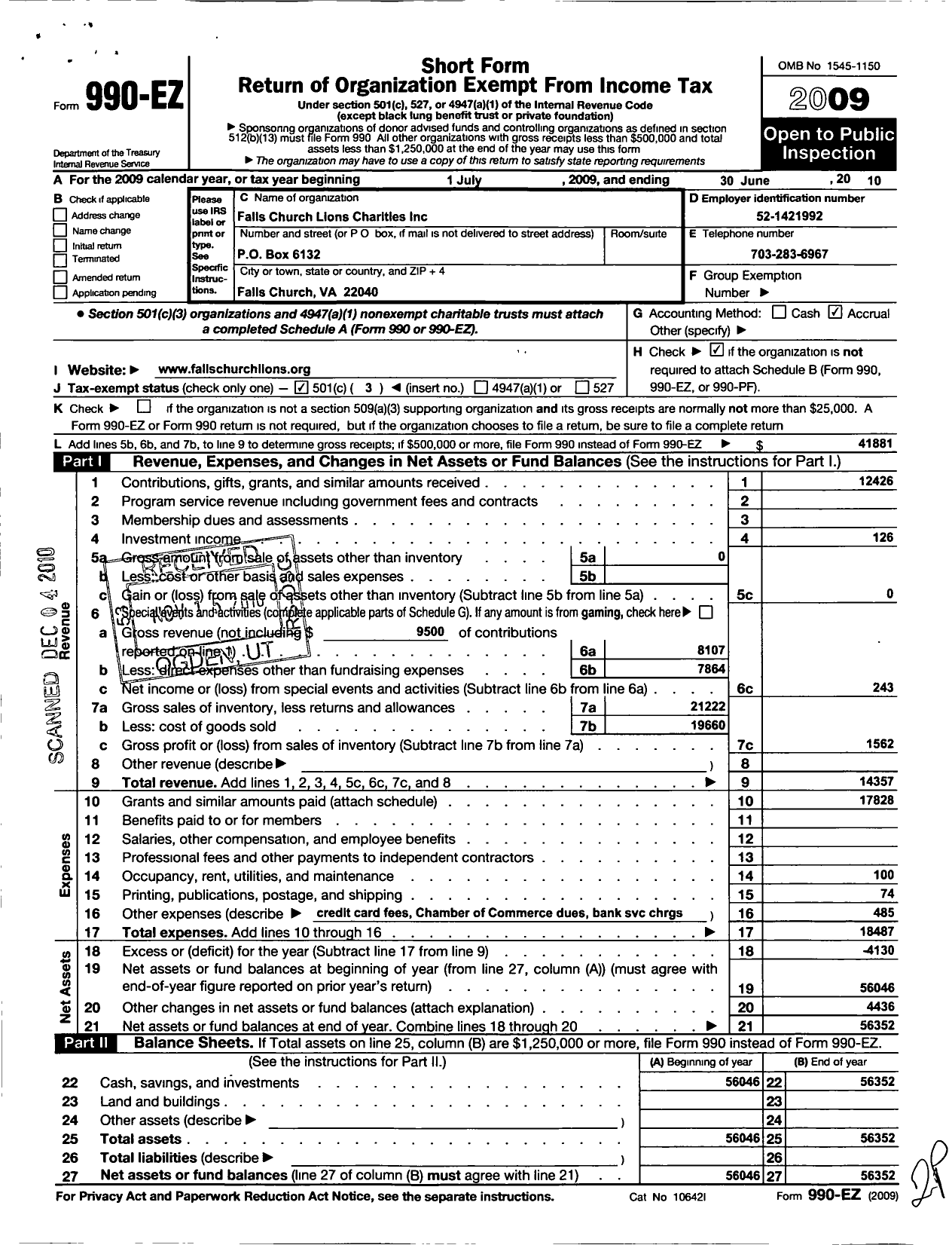 Image of first page of 2009 Form 990EZ for Falls Church Lions Charities Incorporated