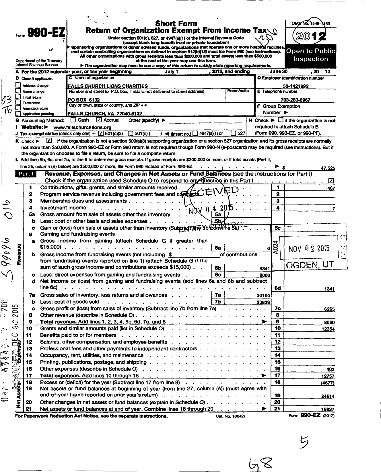 Image of first page of 2012 Form 990EZ for Falls Church Lions Charities Incorporated