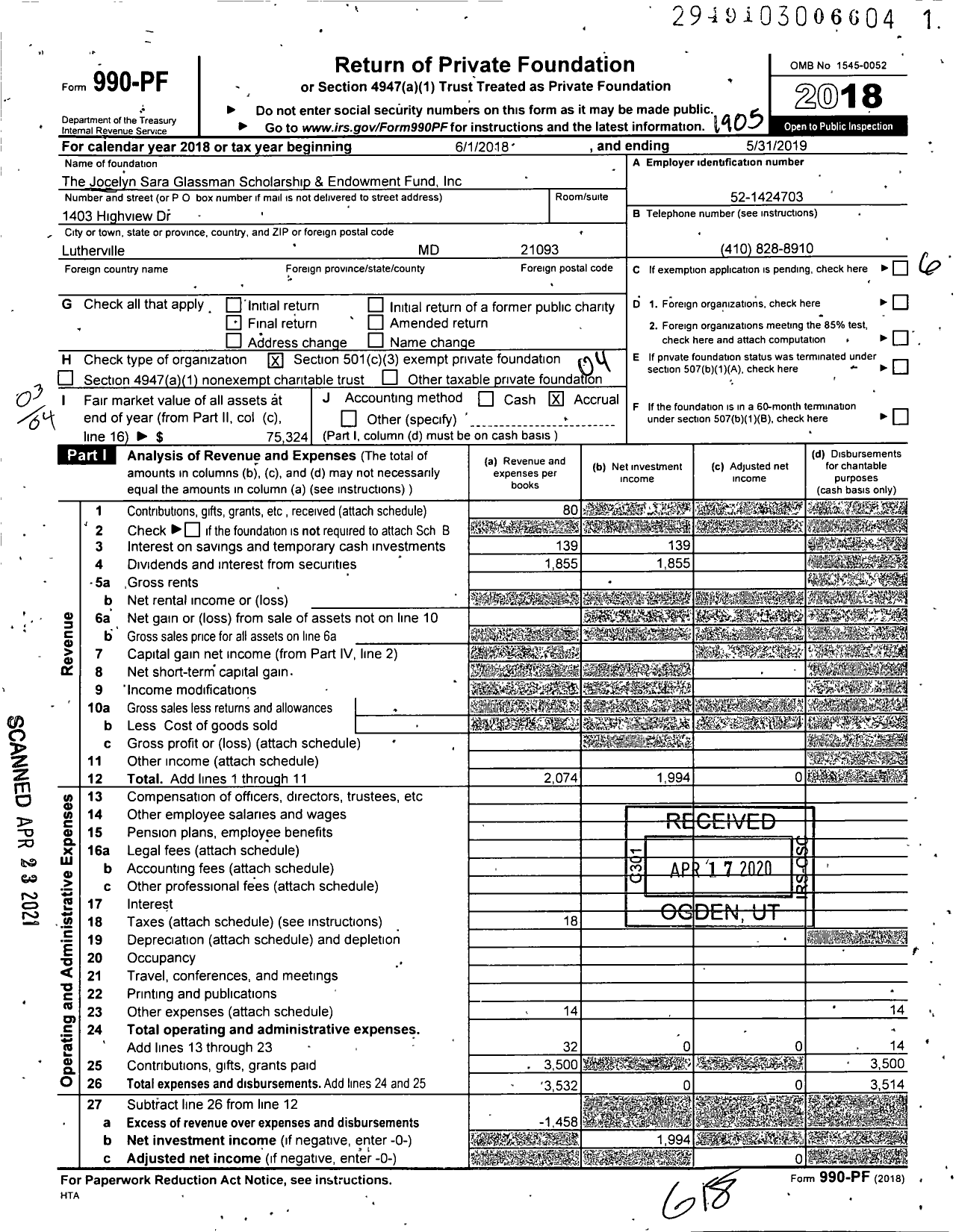 Image of first page of 2018 Form 990PF for The Jocelyn Sara Glassman Scholarship and Endowment Fund