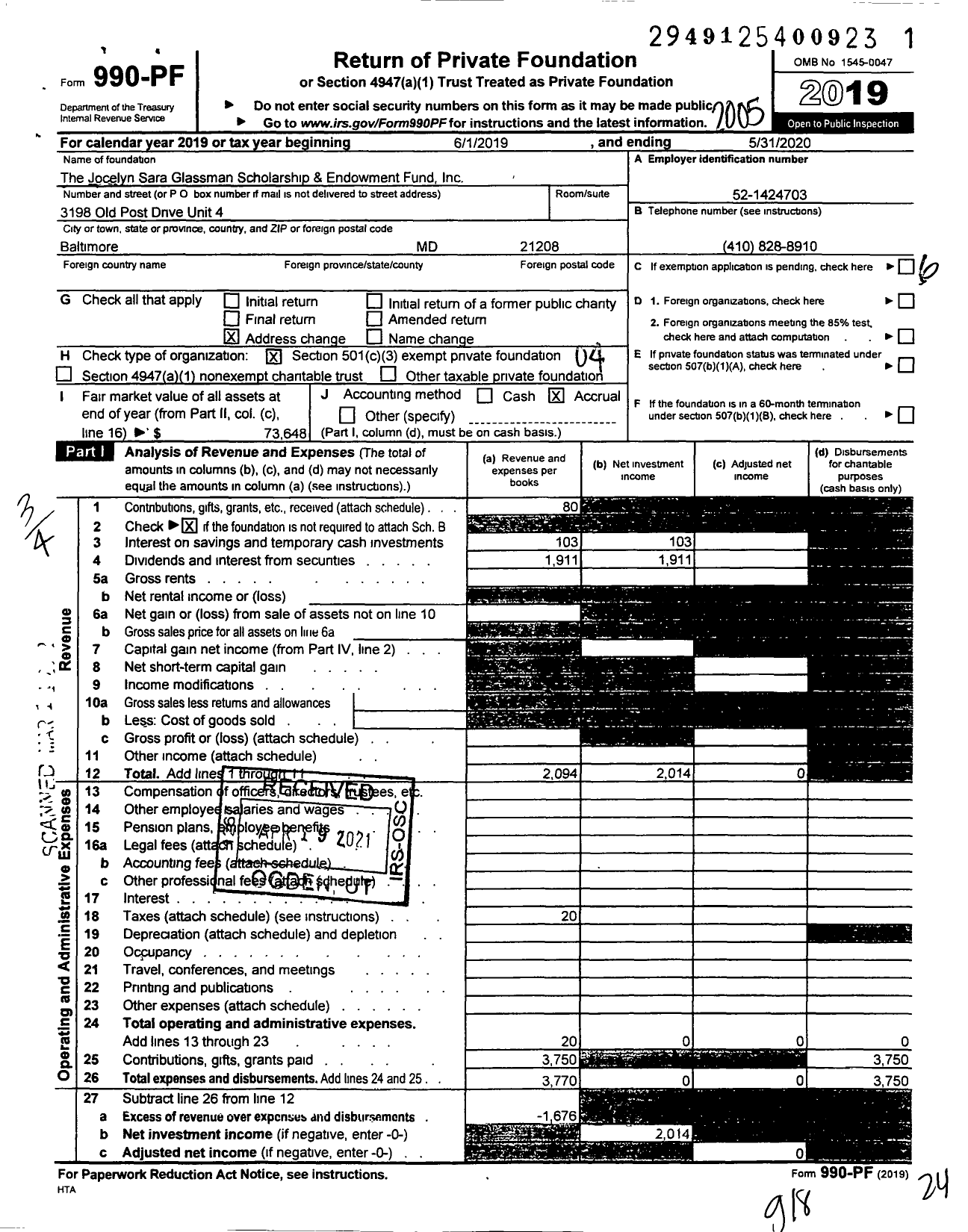 Image of first page of 2019 Form 990PF for The Jocelyn Sara Glassman Scholarship and Endowment Fund