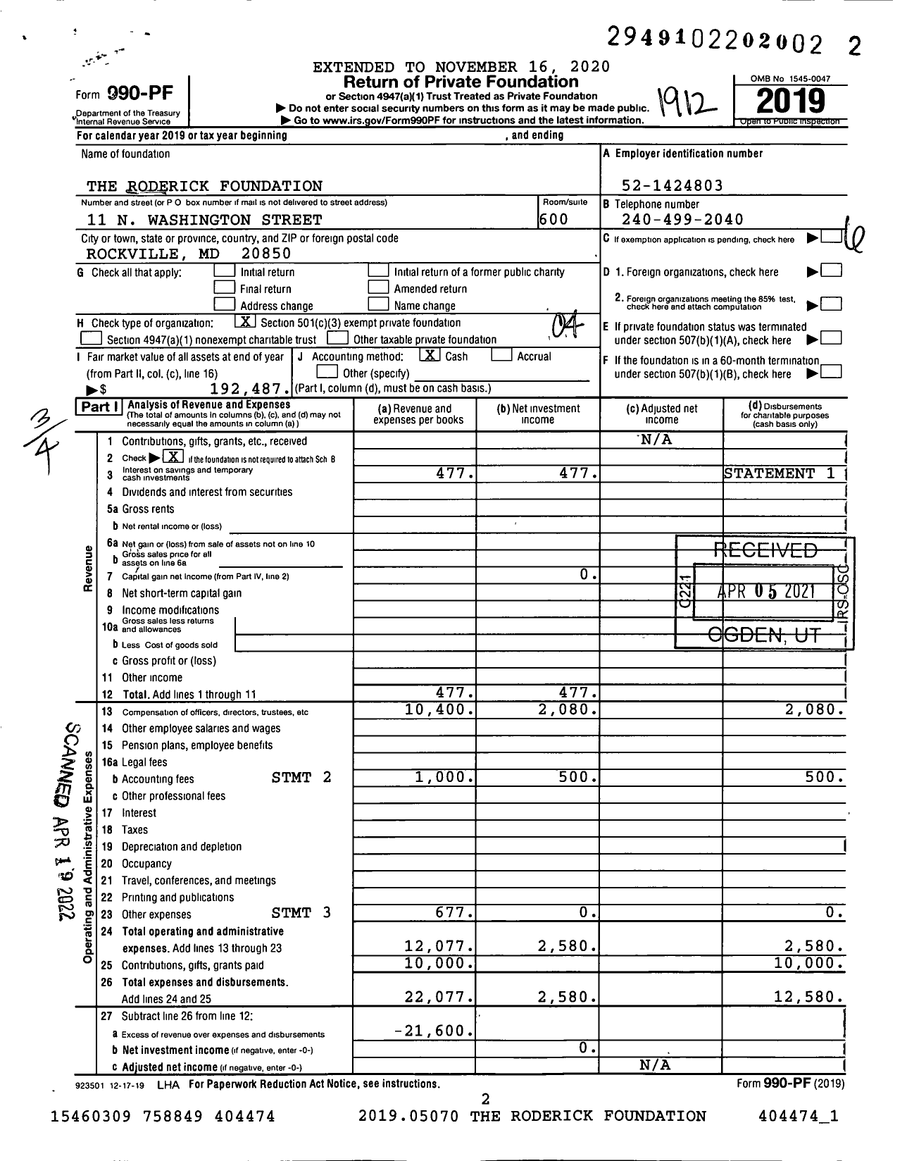 Image of first page of 2019 Form 990PF for The Roderick Foundation