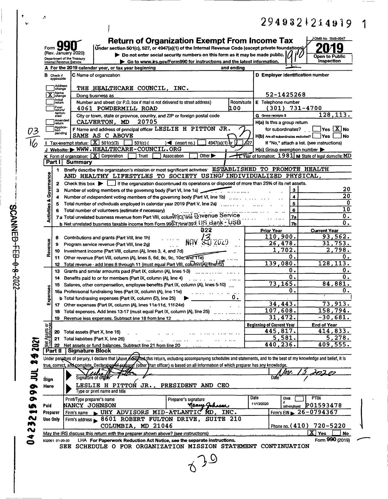 Image of first page of 2019 Form 990 for the Healthcare Council