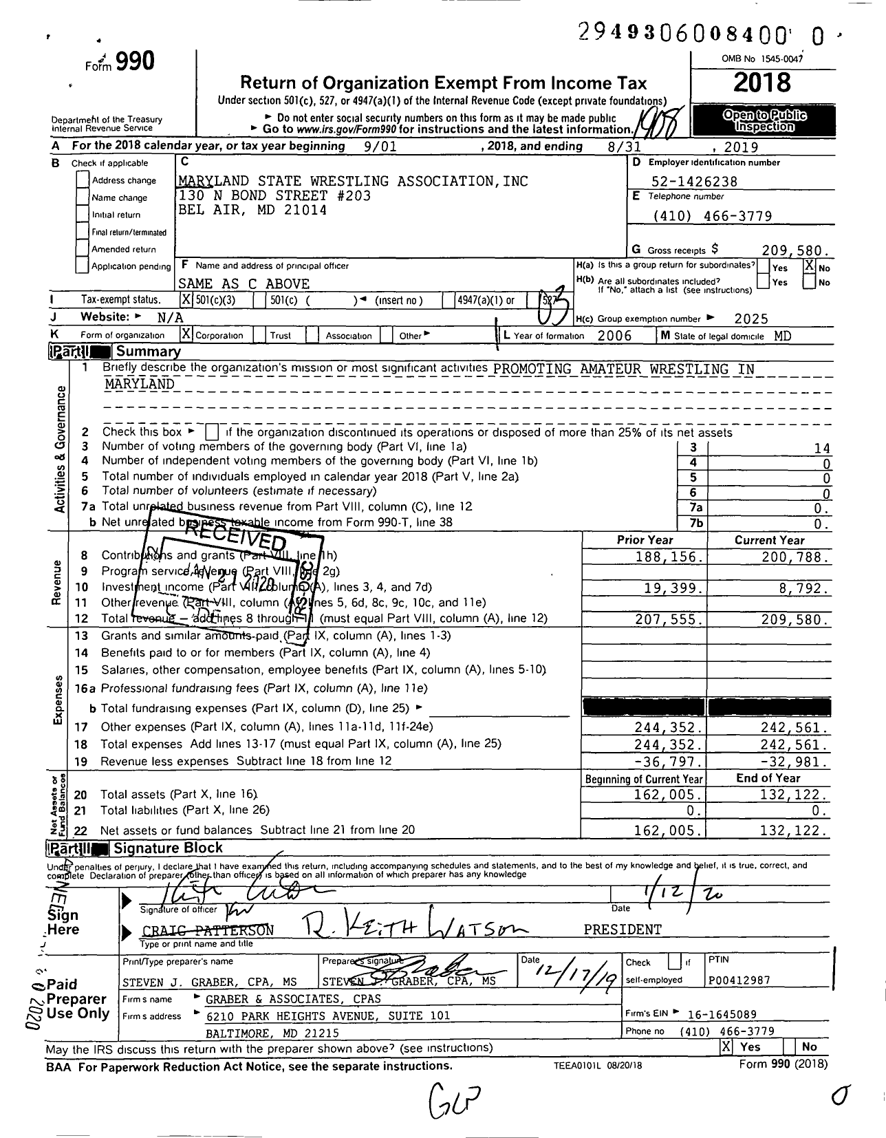 Image of first page of 2018 Form 990 for Maryland State Wrestling Association