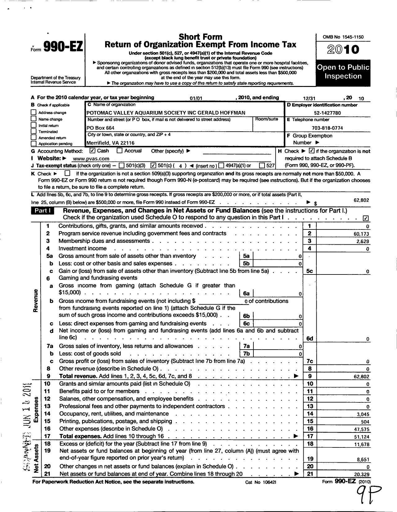 Image of first page of 2010 Form 990EO for Potomac Valley Aquarium Society Gerald Hoffman