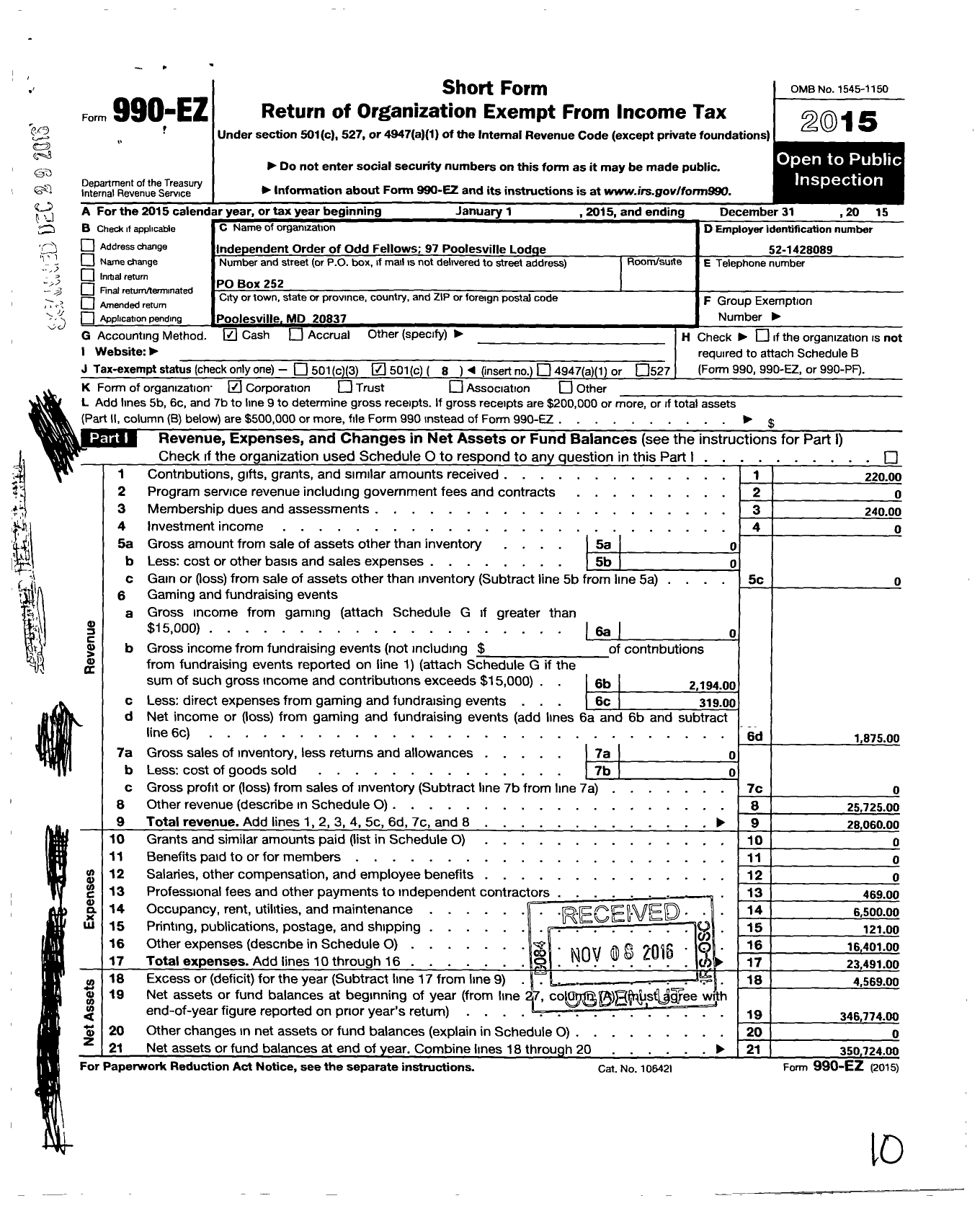 Image of first page of 2015 Form 990EO for Independent Order of Odd Fellows - 97 Poolesville LDG