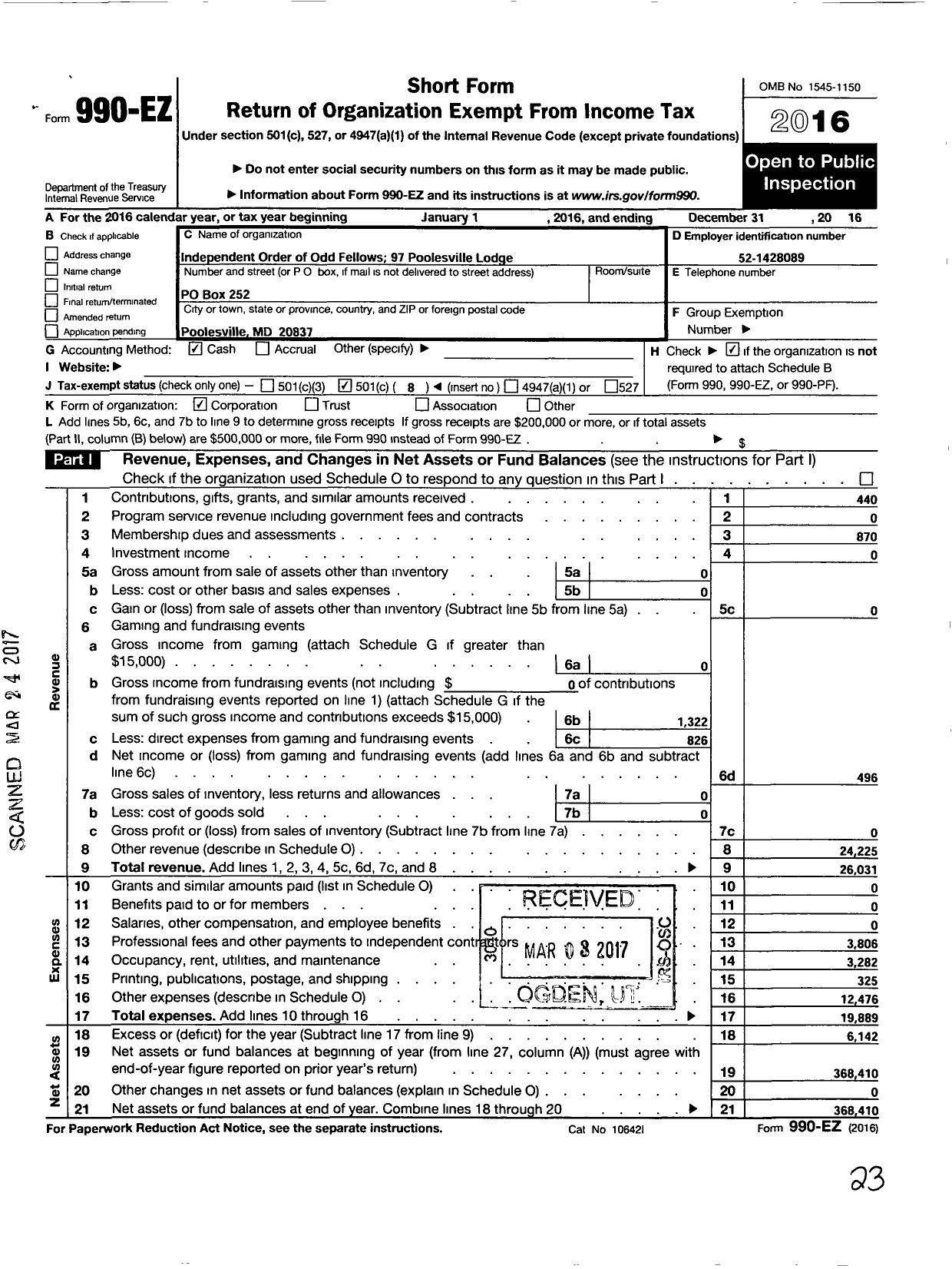 Image of first page of 2016 Form 990EO for Independent Order of Odd Fellows - 97 Poolesville LDG