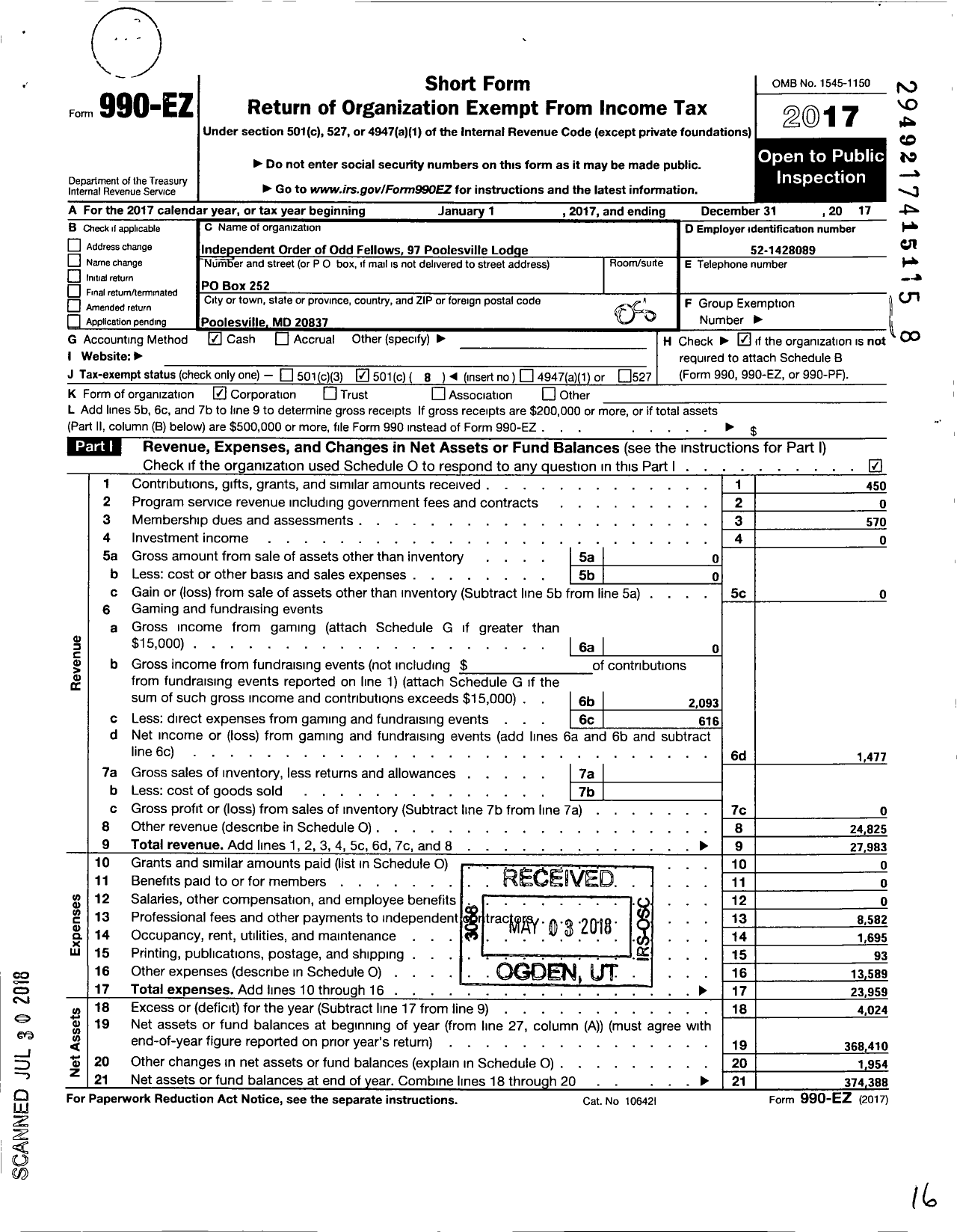 Image of first page of 2017 Form 990EO for Independent Order of Odd Fellows - 97 Poolesville LDG