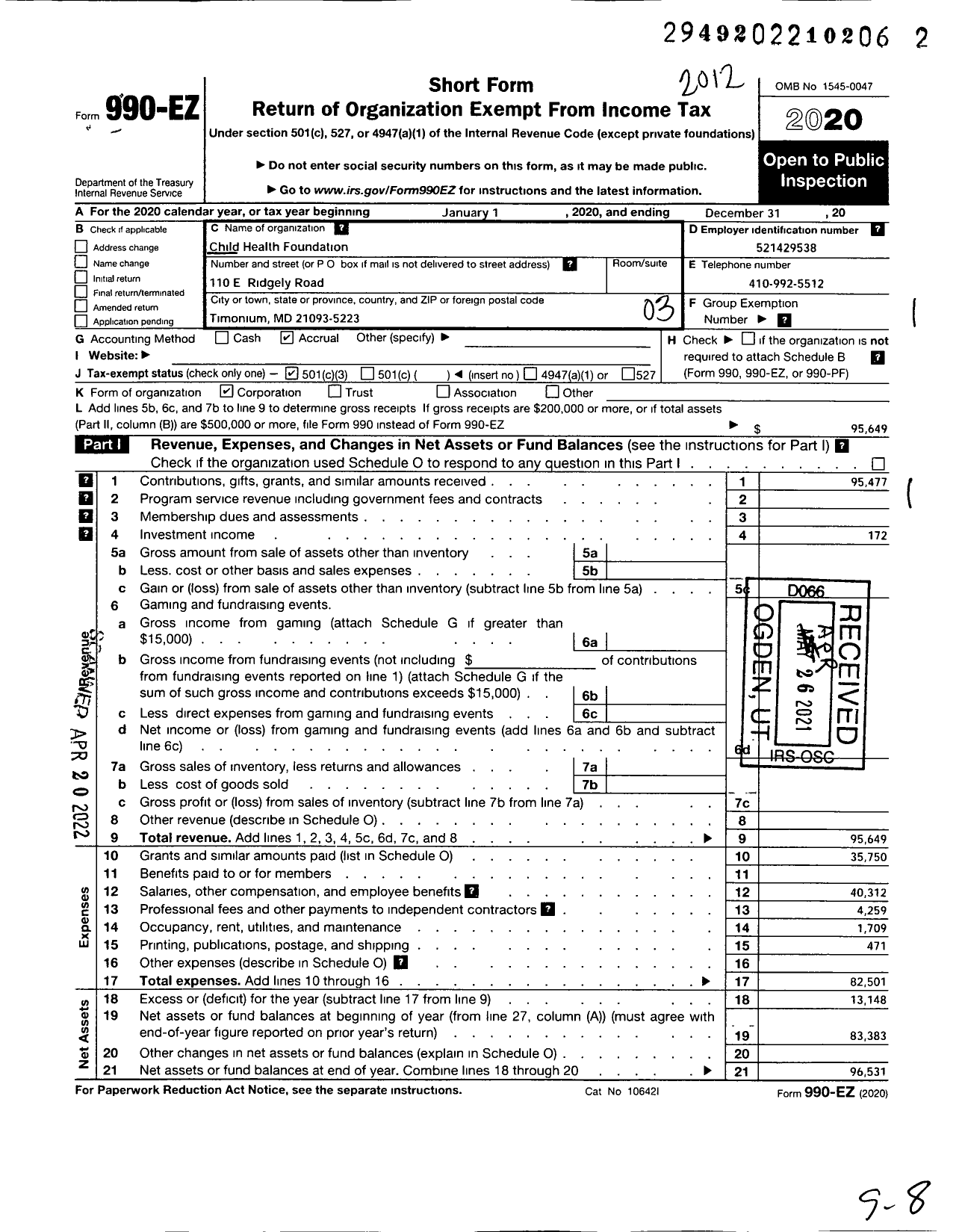 Image of first page of 2020 Form 990EZ for Child Health Foundation