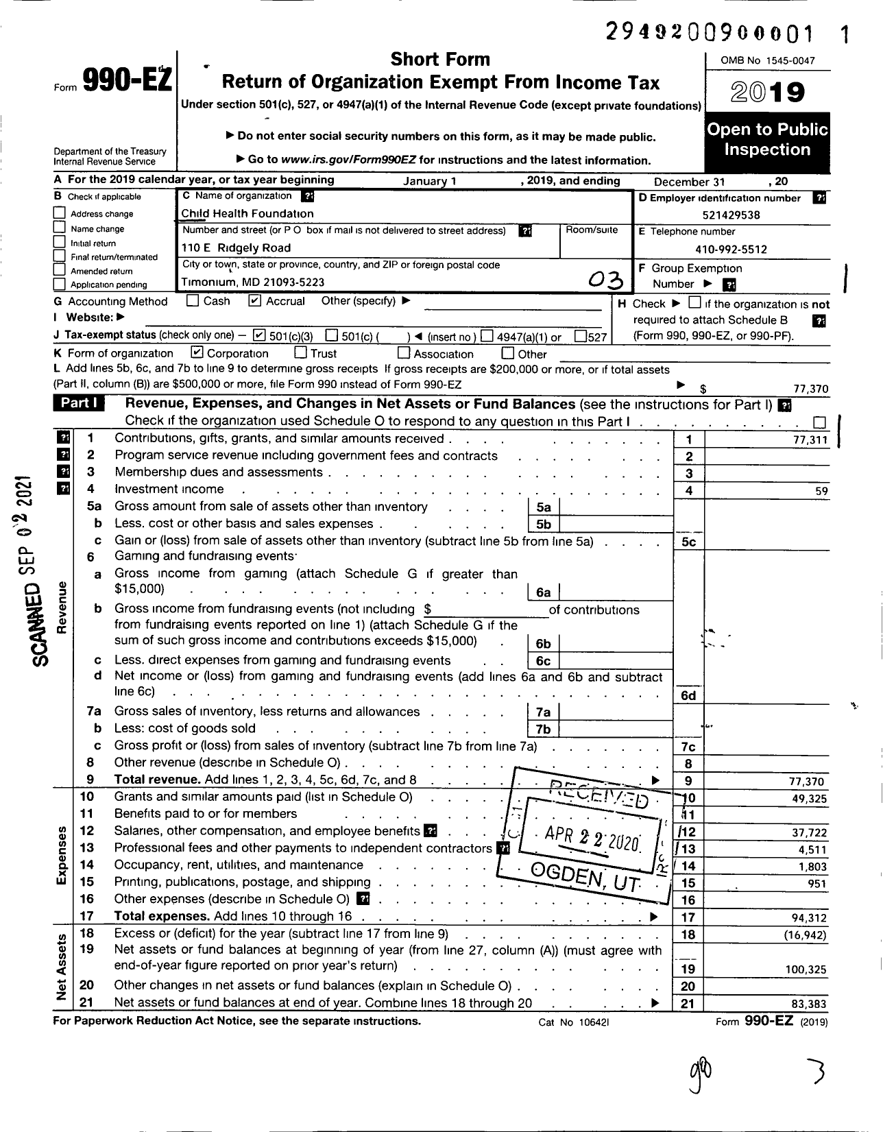 Image of first page of 2019 Form 990EZ for Child Health Foundation